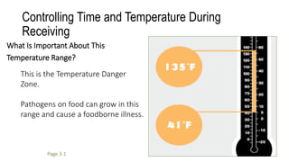 Controlling Time and Temperature During
Receiving
What Is Important About This
Temperature Range?
This is the Temperature Danger
Zone.
Pathogens on food can grow in this
range and cause a foodborne illness.
Page 3-1
 