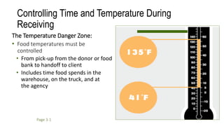 Controlling Time and Temperature During
Receiving
The Temperature Danger Zone:
• Food temperatures must be
controlled
• From pick-up from the donor or food
bank to handoff to client
• Includes time food spends in the
warehouse, on the truck, and at
the agency
Page 3-1
 