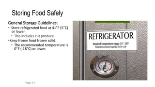Storing Food Safely
General Storage Guidelines:
• Store refrigerated food at 41°F (5°C)
or lower
• This includes cut produce
•Keep frozen food frozen solid.
• The recommended temperature is
0°F (-18°C) or lower.
Page 3-5
 