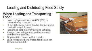 Loading and Distributing Food Safely
When Loading and Transporting
Food:
• Keep refrigerated food at 41°F (5°C) or
lower during transport.
• If possible, keep frozen food at temperatures
that will keep it frozen.
• Keep food cold in unrefrigerated vehicles.
• Always cover refrigerated and frozen food
with thermal blankets.
• Or place it in coolers with ice packs.
• Load refrigerated and frozen food so air can
circulate around it.
Page 4-10
 