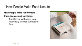How People Make Food Unsafe
How People Make Food Unsafe
Poor cleaning and sanitizing:
• Transferring pathogens from
incorrectly cleaned surfaces to
food
Page 1-2
 