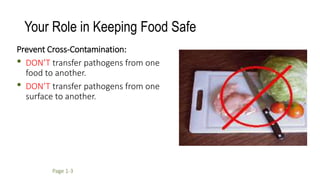 Your Role in Keeping Food Safe
Prevent Cross-Contamination:
• DON’T transfer pathogens from one
food to another.
• DON’T transfer pathogens from one
surface to another.
Page 1-3
 