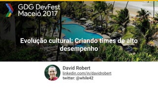 David Robert
linkedin.com/in/davidrobert
twitter: @while42
Evolução cultural: Criando times de alto
desempenho
 