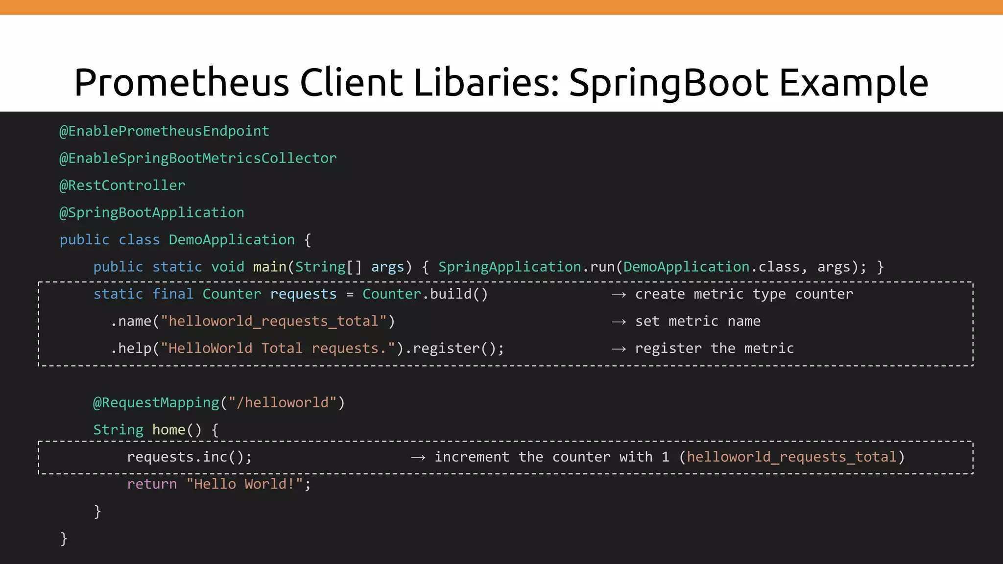 Prometheus Client Libaries: SpringBoot Example
@EnablePrometheusEndpoint
@EnableSpringBootMetricsCollector
@RestController
@SpringBootApplication
public class DemoApplication {
public static void main(String[] args) { SpringApplication.run(DemoApplication.class, args); }
static final Counter requests = Counter.build() → create metric type counter
.name("helloworld_requests_total") → set metric name
.help("HelloWorld Total requests.").register(); → register the metric
@RequestMapping("/helloworld")
String home() {
requests.inc(); → increment the counter with 1 (helloworld_requests_total)
return "Hello World!";
}
}
 