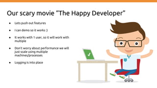 Our scary movie “The Happy Developer”
● Lets push out features
● I can demo so it works :)
● It works with 1 user, so it will work with
multiple
● Don’t worry about performance we will
just scale using multiple
machines/processes
● Logging is into place
 