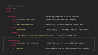 # file: docker-compose.yml
version: '2'
services:
prometheus: → Runnning prometheus as Docker container
image: prom/prometheus:latest → Using official prometheus container
volumes:
- $PWD:/etc/prometheus → Mount local directory used for config + data
ports:
- "9090:9090" → Port mapping used for this container host:container
command:
- "-config.file=/etc/prometheus/prometheus.yml" → Prometheus configuration
node-exporter:
image: prom/node-exporter:latest → Using node exporter as an additional container
ports:
- '9100:9100' → Port mapping used for this container host:container
 