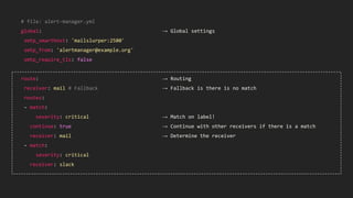 # file: alert-manager.yml
global: → Global settings
smtp_smarthost: 'mailslurper:2500'
smtp_from: 'alertmanager@example.org'
smtp_require_tls: false
route: → Routing
receiver: mail # Fallback → Fallback is there is no match
routes:
- match:
severity: critical → Match on label!
continue: true → Continue with other receivers if there is a match
receiver: mail → Determine the receiver
- match:
severity: critical
receiver: slack
 