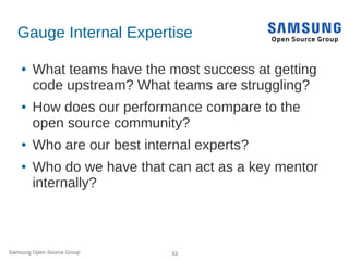 Samsung Open Source Group 33
Gauge Internal Expertise
● What teams have the most success at getting
code upstream? What teams are struggling?
● How does our performance compare to the
open source community?
● Who are our best internal experts?
● Who do we have that can act as a key mentor
internally?
 