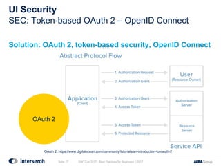 UI Security
Solution: OAuth 2, token-based security, OpenID Connect
GWTCon 2017 - Best Practices for Beginners | 2017Seite 27
SEC: Token-based OAuth 2 – OpenID Connect
OAuth 2
OAuth 2: https://www.digitalocean.com/community/tutorials/an-introduction-to-oauth-2
 