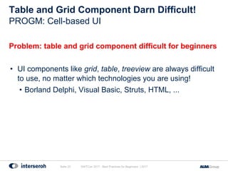 Table and Grid Component Darn Difficult!
Problem: table and grid component difficult for beginners
• UI components like gr...