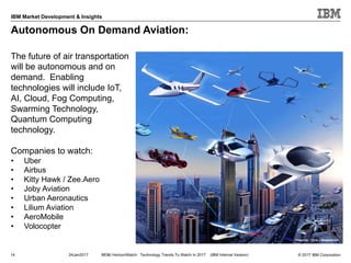 © 2017 IBM Corporation
IBM Market Development & Insights
14 24Jan2017 MD&I HorizonWatch: Technology Trends To Watch In 2017 (IBM Internal Version)
The future of air transportation
will be autonomous and on
demand. Enabling
technologies will include IoT,
AI, Cloud, Fog Computing,
Swarming Technology,
Quantum Computing
technology.
Companies to watch:
• Uber
• Airbus
• Kitty Hawk / Zee.Aero
• Joby Aviation
• Urban Aeronautics
• Lilium Aviation
• AeroMobile
• Volocopter
Image by: Chris J Magdalenski
Autonomous On Demand Aviation:
 