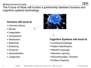 © 2017 IBM Corporation
IBM Market Development & Insights
The Future of Work will involve a partnership between humans and
cognitive systems technology
Cognitive Systems will excel at
§ Locating Knowledge
§ Pattern Identification
§ Natural Language
§ Machine Learning
§ Eliminating Bias / Emotion
§ Endless Capacity
Humans will excel at
§ Common Sense
§ Morals
§ Imagination
§ Compassion
§ Abstraction
§ Dilemmas
§ Dreaming
§ Creativity
§ Generalization
§ Judgement
24Jan2017 MD&I HorizonWatch: Technology Trends To Watch In 2017 (IBM Internal Version)16
 