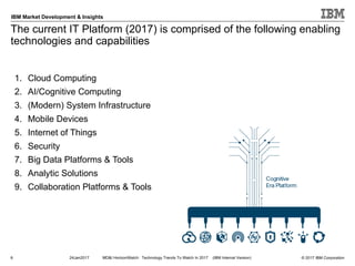 © 2017 IBM Corporation
IBM Market Development & Insights
The current IT Platform (2017) is comprised of the following enabling
technologies and capabilities
6 24Jan2017 MD&I HorizonWatch: Technology Trends To Watch In 2017 (IBM Internal Version)
1. Cloud Computing
2. AI/Cognitive Computing
3. (Modern) System Infrastructure
4. Mobile Devices
5. Internet of Things
6. Security
7. Big Data Platforms & Tools
8. Analytic Solutions
9. Collaboration Platforms & Tools
 