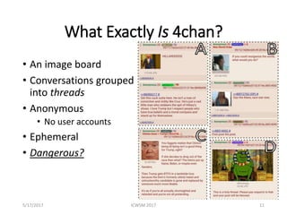 What Exactly Is 4chan?
• An image board
• Conversations grouped
into threads
• Anonymous
• No user accounts
• Ephemeral
• ...