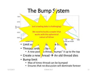 The Bump System
• Limit each board to N live threads
• Threads ordered by MRU
• A new post in a thread “bumps” it up to th...