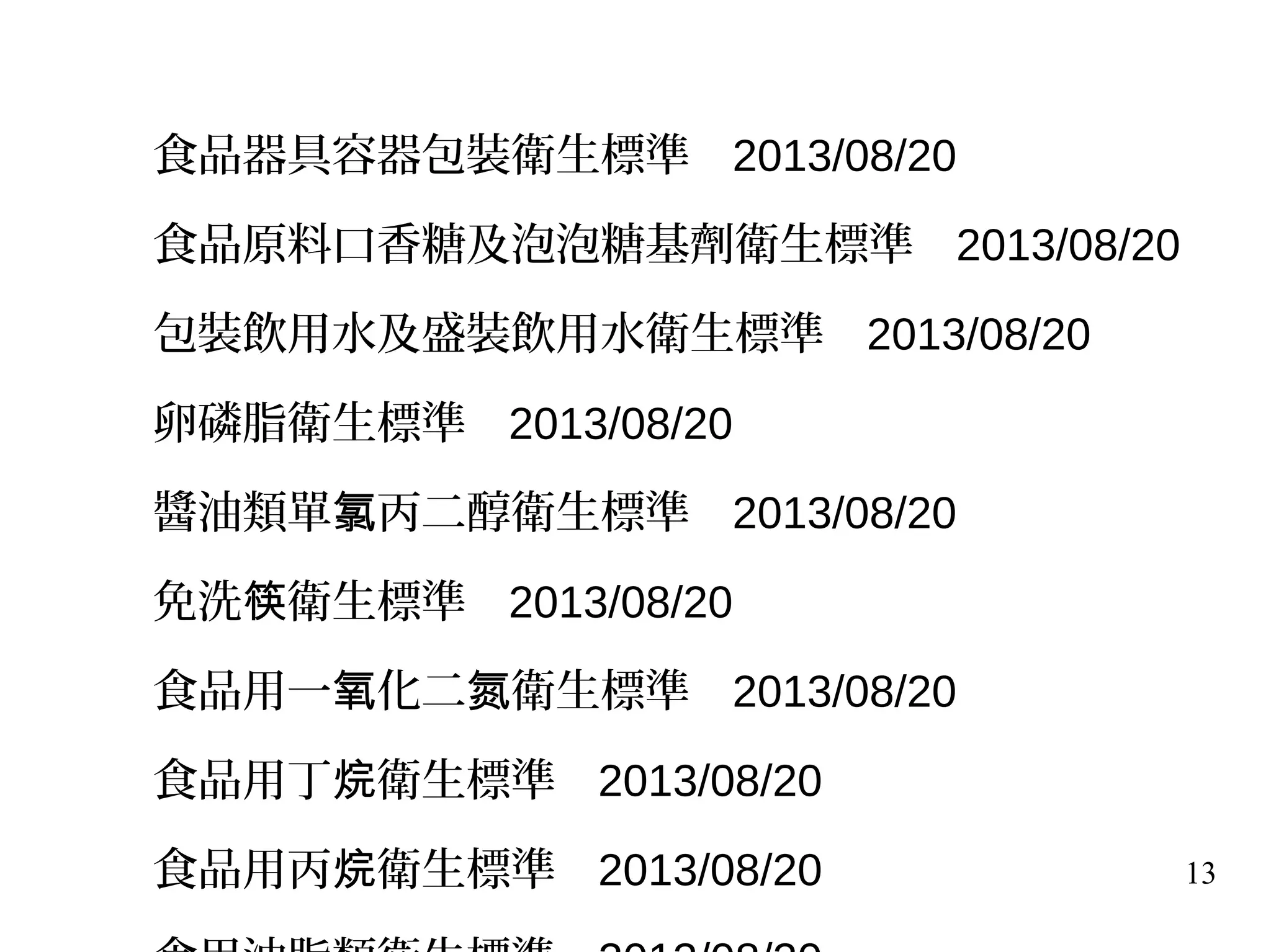 13
食品器具容器包裝衛生標準 2013/08/20
食品原料口香糖及泡泡糖基劑衛生標準 2013/08/20
包裝飲用水及盛裝飲用水衛生標準 2013/08/20
卵磷脂衛生標準 2013/08/20
醬油類單 丙二醇衛生標準氯 2013/08/20
免洗 衛生標準筷 2013/08/20
食品用一 化二 衛生標準氧 氮 2013/08/20
食品用丁 衛生標準烷 2013/08/20
食品用丙 衛生標準烷 2013/08/20
 