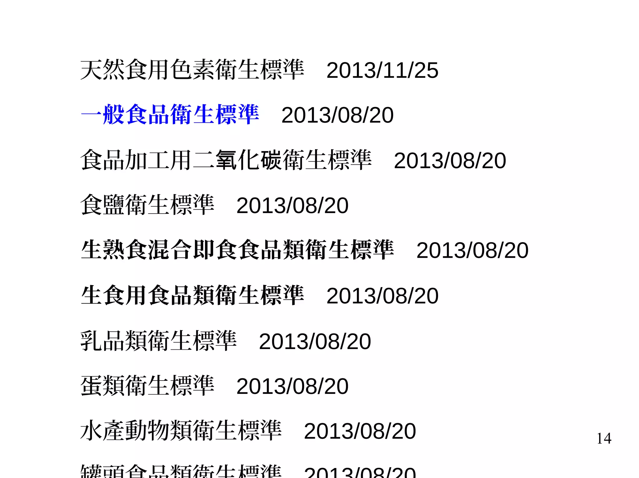 14
天然食用色素衛生標準 2013/11/25
一般食品衛生標準 2013/08/20
食品加工用二 化 衛生標準氧 碳 2013/08/20
食鹽衛生標準 2013/08/20
生熟食混合即食食品類衛生標準 2013/08/20
生食用食品類衛生標準 2013/08/20
乳品類衛生標準 2013/08/20
蛋類衛生標準 2013/08/20
水產動物類衛生標準 2013/08/20
 