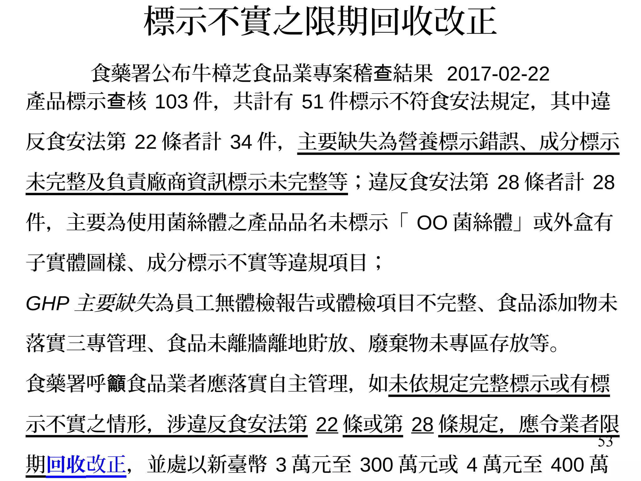 53
標示不實之限期回收改正
食藥署公布牛樟芝食品業專案稽 結果查 2017-02-22
產品標示 核查 103 件，共計有 51 件標示不符食安法規定，其中違
反食安法第 22 條者計 34 件，主要缺失為營養標示錯誤、成分標示
未完整及負責廠商資訊標示未完整等；違反食安法第 28 條者計 28
件，主要為使用菌絲體之產品品名未標示「 OO 菌絲體」或外盒有
子實體圖樣、成分標示不實等違規項目；
GHP 主要缺失為員工無體檢報告或體檢項目不完整、食品添加物未
落實三專管理、食品未離牆離地貯放、廢棄物未專區存放等。
食藥署呼 食品業者應落實自主管理，如籲 未依規定完整標示或有標
示不實之情形，涉違反食安法第 22 條或第 28 條規定，應令業者限
期回收改正，並處以新臺幣 3 萬元至 300 萬元或 4 萬元至 400 萬
 