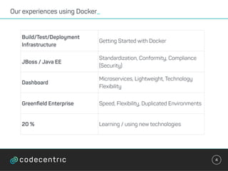 Our experiences using Docker_
4
Build/Test/Deployment
Infrastructure
Getting Started with Docker
JBoss / Java EE
Standardization, Conformity, Compliance
(Security)
Dashboard
Microservices, Lightweight, Technology
Flexibility
Greenﬁeld Enterprise Speed, Flexibility, Duplicated Environments
20 % Learning / using new technologies
 