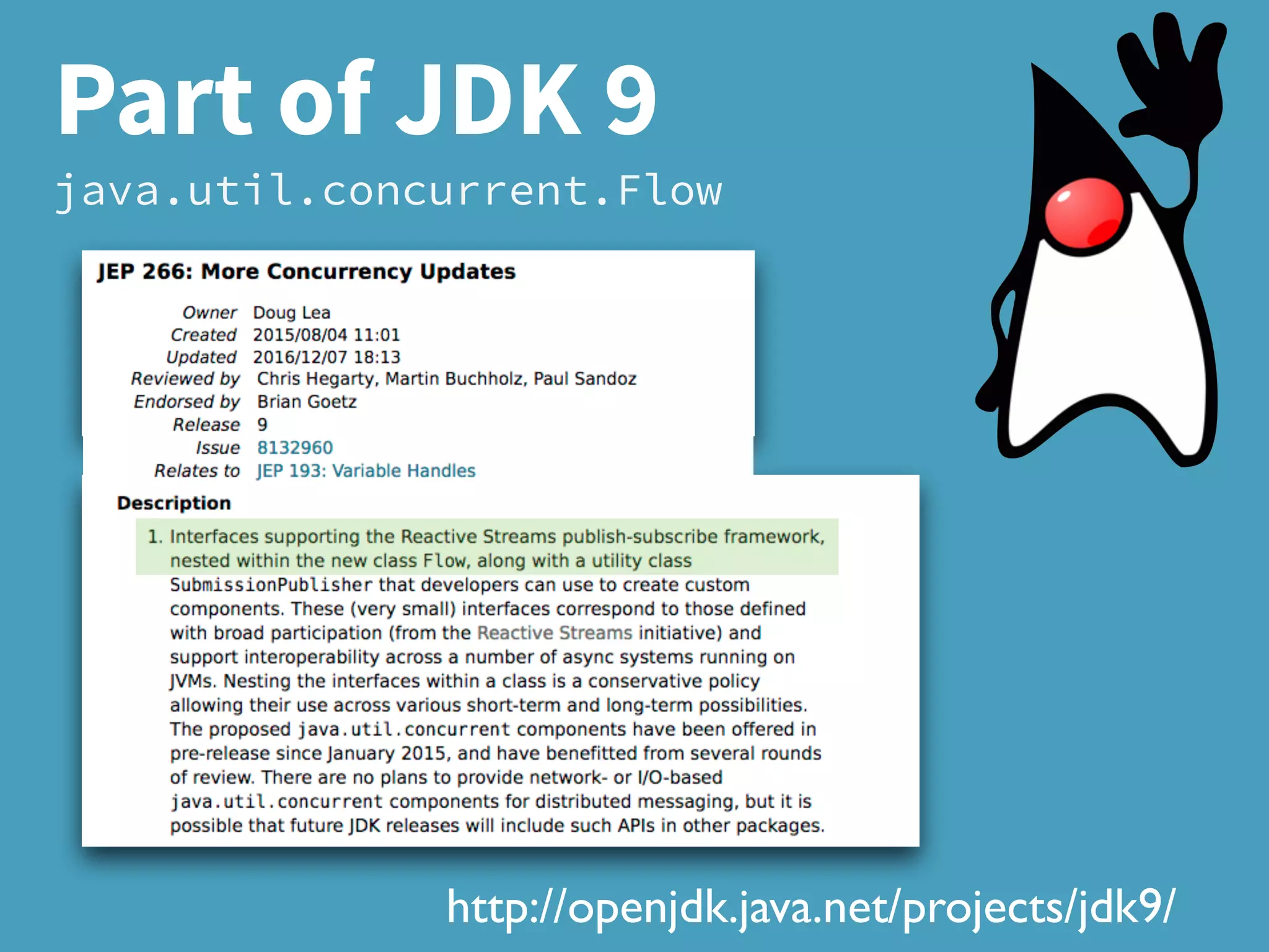 Part of JDK 9
java.util.concurrent.Flow
http://openjdk.java.net/projects/jdk9/
 