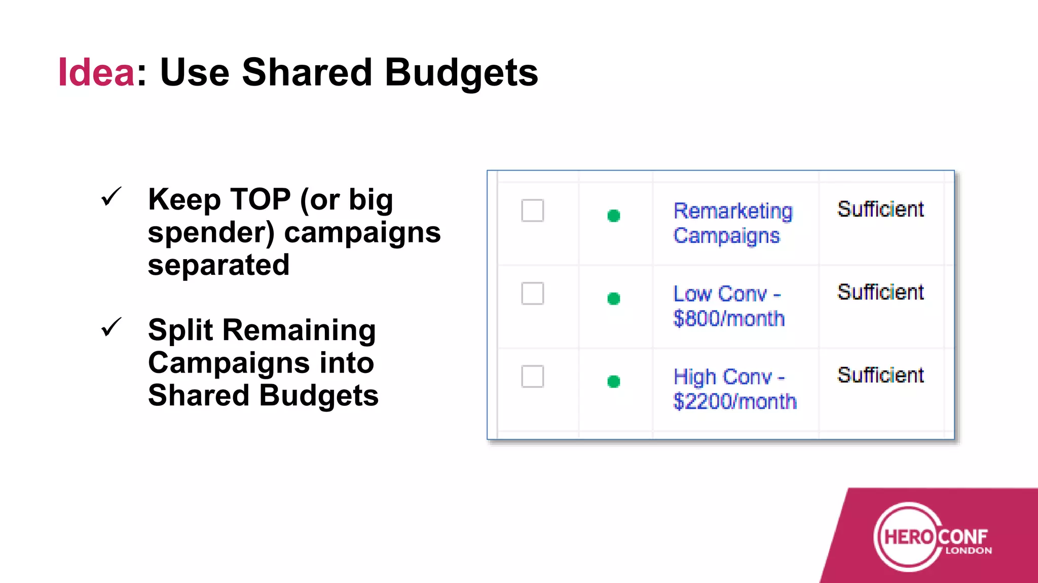 Idea: Use Shared Budgets
 Keep TOP (or big
spender) campaigns
separated
 Split Remaining
Campaigns into
Shared Budgets
 