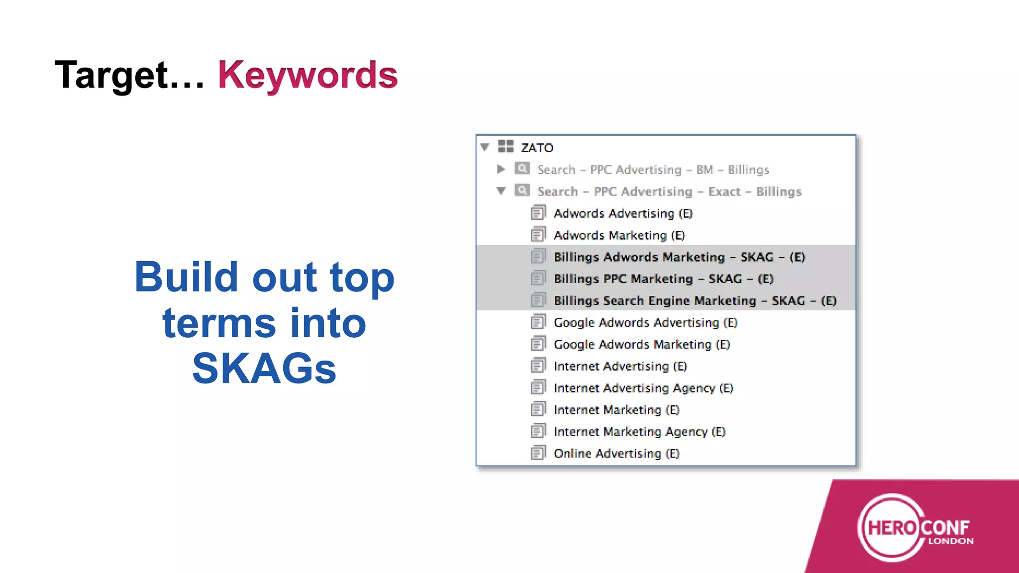 Target… Keywords
Build out top
terms into
SKAGs
 