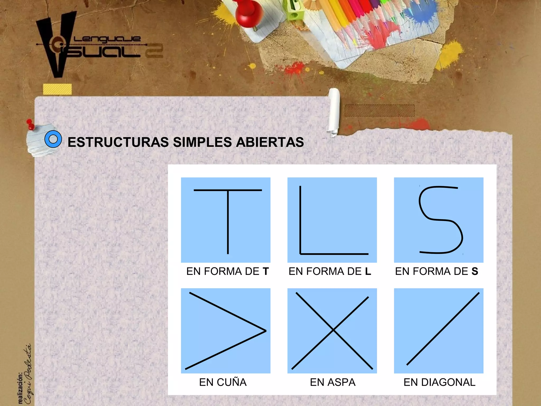 ESTRUCTURAS SIMPLES ABIERTAS
EN FORMA DE T EN FORMA DE L EN FORMA DE S
EN CU&Ntilde;A EN ASPA EN DIAGONAL
 