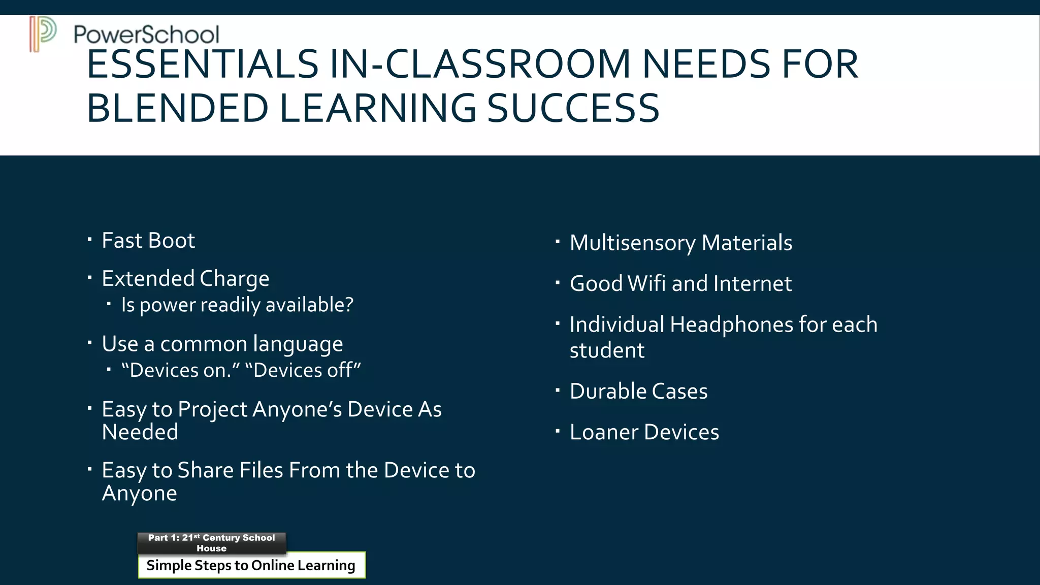 ESSENTIALS IN-CLASSROOM NEEDS FOR
BLENDED LEARNING SUCCESS
 Fast Boot
 Extended Charge
 Is power readily available?
 Use a common language
 “Devices on.” “Devices off”
 Easy to Project Anyone’s Device As
Needed
 Easy to Share Files From the Device to
Anyone
 Multisensory Materials
 GoodWifi and Internet
 Individual Headphones for each
student
 Durable Cases
 Loaner Devices
Simple Steps to Online Learning
Part 1: 21st Century School
House
 