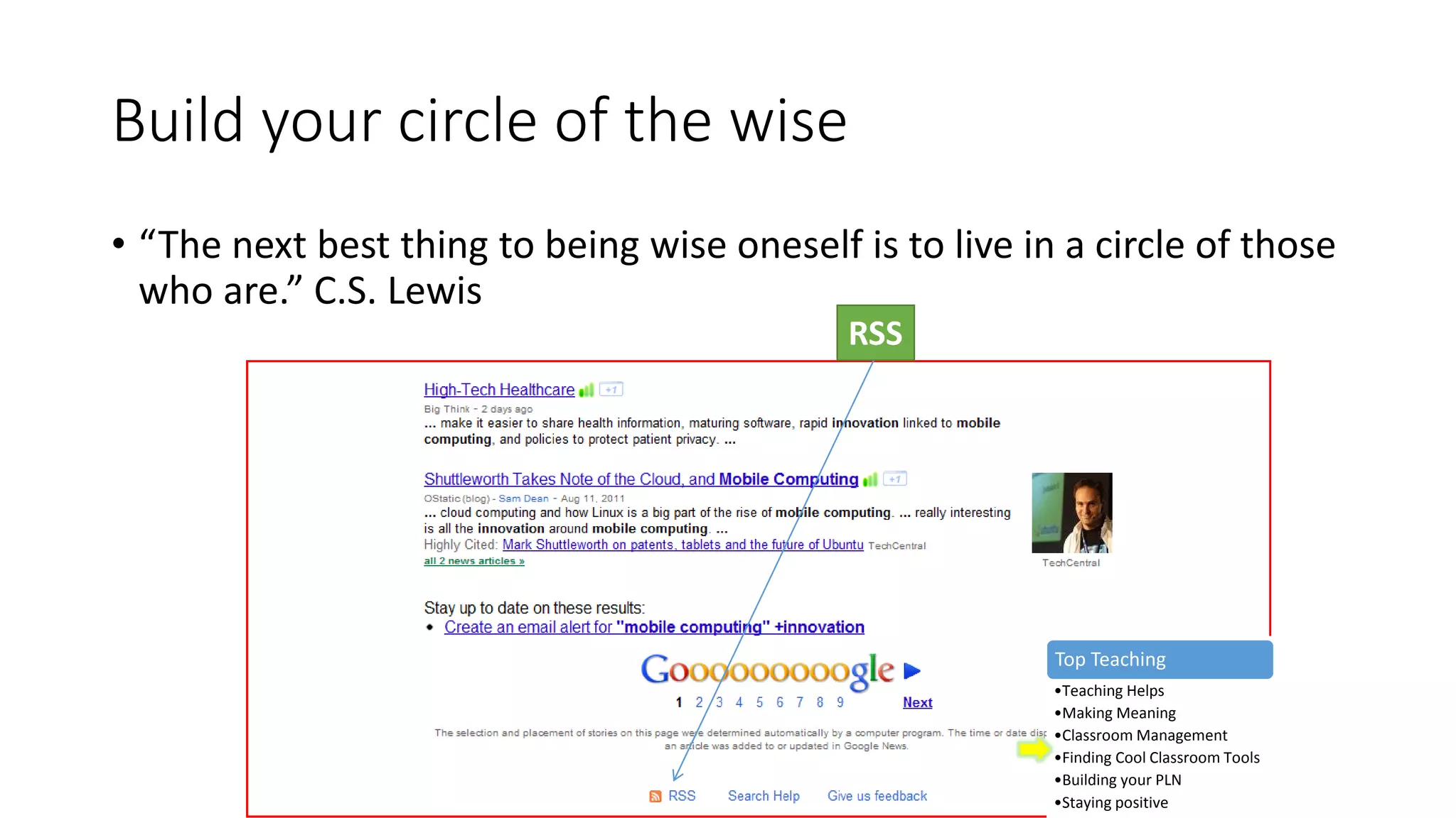 Build your circle of the wise
• “The next best thing to being wise oneself is to live in a circle of those
who are.” C.S. Lewis
RSS
Top Teaching
•Teaching Helps
•Making Meaning
•Classroom Management
•Finding Cool Classroom Tools
•Building your PLN
•Staying positive
 