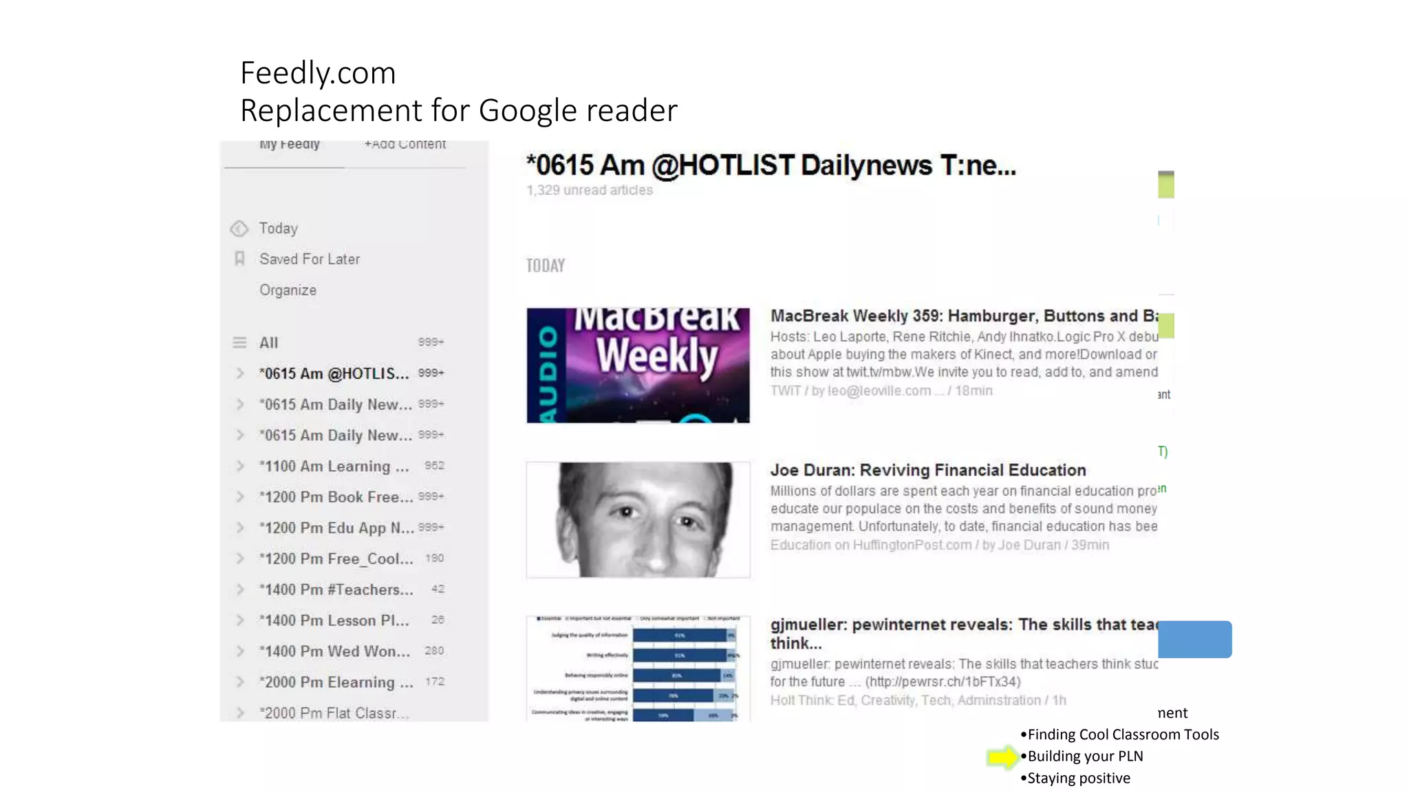 Feedly.com
Replacement for Google reader
Top Teaching
•Teaching Helps
•Making Meaning
•Classroom Management
•Finding Cool Classroom Tools
•Building your PLN
•Staying positive
 