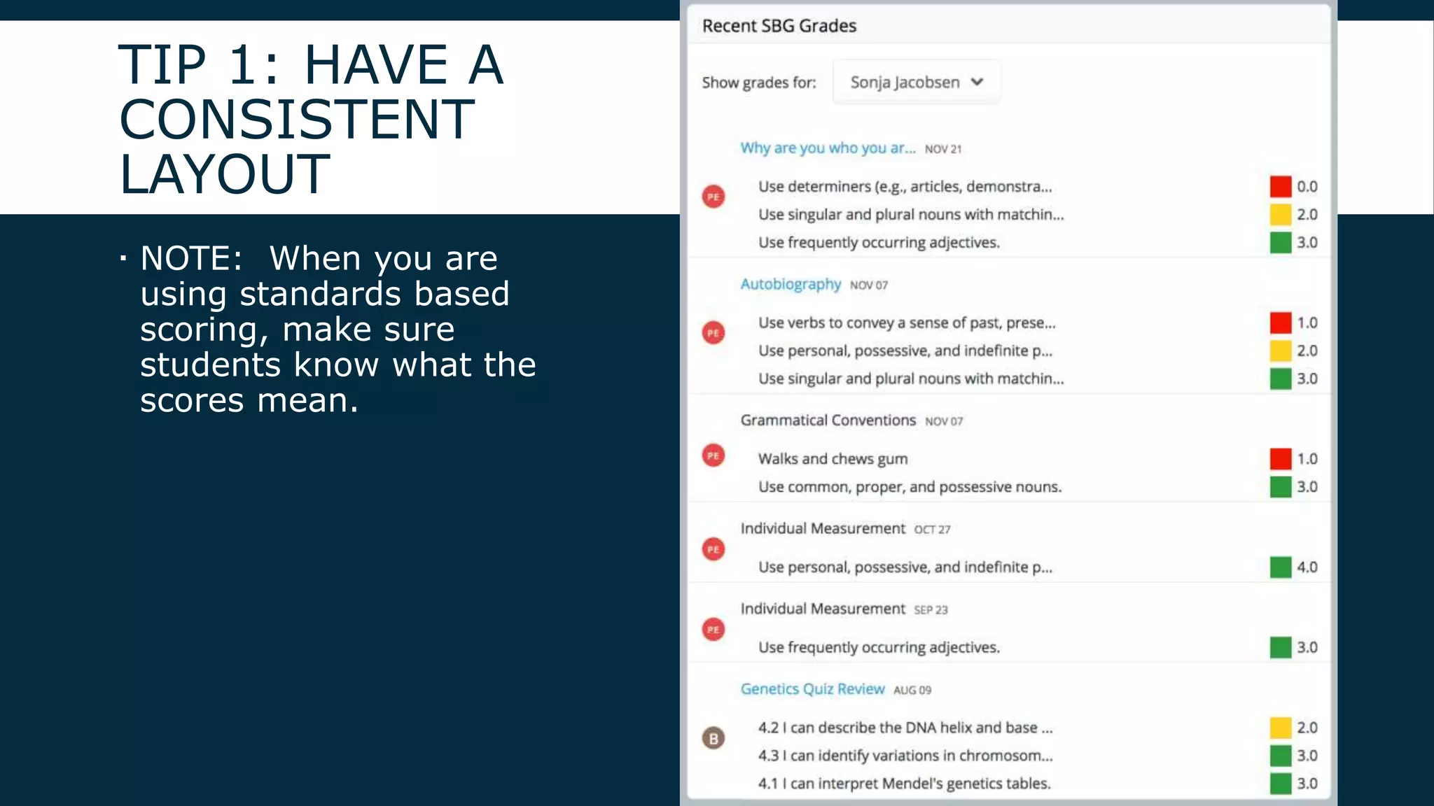TIP 1: HAVE A
CONSISTENT
LAYOUT
 NOTE: When you are
using standards based
scoring, make sure
students know what the
scores mean.
 
