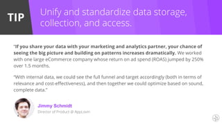 TIP
“If you share your data with your marketing and analytics partner, your chance of
seeing the big picture and building on patterns increases dramatically. We worked
with one large eCommerce company whose return on ad spend (ROAS) jumped by 250%
over 1.5 months.
“With internal data, we could see the full funnel and target accordingly (both in terms of
relevance and cost-effectiveness), and then together we could optimize based on sound,
complete data.”
Jimmy Schmidt
Director of Product @ AppLovin
Unify and standardize data storage,
collection, and access.
 