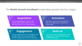 Acquisition Activation
ReferralEngagement
1 2
3 4
The Mobile Growth Handbook breaks down growth into four stages:
Are you targeting your users in the
optimal way for your app? Find out
with the words of our mobile experts.
You’ve targeted, sent out campaigns, and
brought users into your app. Now it’s
time to engage your users the right way.
Learn how to best facilitate your most
engaged users’ contributions to your
mobile growth plan.
Start your users off on the right foot
with our helpful tips for optimized
onboarding.
 