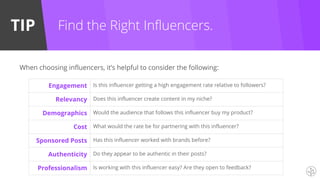 TIP Find the Right Influencers.
Engagement Is this influencer getting a high engagement rate relative to followers?
Relevancy Does this influencer create content in my niche?
Demographics Would the audience that follows this influencer buy my product?
Cost What would the rate be for partnering with this influencer?
Sponsored Posts Has this influencer worked with brands before?
Authenticity Do they appear to be authentic in their posts?
Professionalism Is working with this influencer easy? Are they open to feedback?
When choosing influencers, it’s helpful to consider the following:
 
