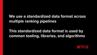 We use a standardized data format across
multiple ranking pipelines
This standardized data format is used by
common toolin...