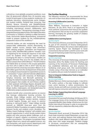 21Short-Term Trend
cultivating a more globally competent workforce, more
than 40 government officials from 24 countries were
invited to participate in three academic residencies: US
graduate education, industry-private sector linkages,
and student mobility. Portland State University, Case
Western Reserve University, and GlobalPittsburgh
hosted leadership institutes for the exploration of topics
including international research collaboration and
course accreditation.89
Recognizing a shortage of work-
integrated learning opportunities, the Higher Education
Commission in Thailand is looking to adapt Germany’s
Duale Hochschule Baden-Wuerttemberg institutional
model to prepare students for the multidisciplinary,
cooperative nature of the workforce.90
University leaders are also recognizing the need for
campus-wide collaboration around data-sharing, to
bolster student success. Georgia State University’s
(GSU) advising program, Graduation and Progression
Success (GPS), identified 800 academic “mistakes,” such
as registering for the wrong lab sequence or low math
scores for students whose major requires calculus.
Leveraging this data in a central location, mistakes are
flagged whenever they occur for any student, and an
advisorcontactsthemwithin48hours.91
TheGPSinitiative
has helped drive an increase in the six-year graduation
rate from 32% in 2003 to 54% in 2014.92
GSU has also
partnered with the University Innovation Alliance on an
$8.9 million grant from the US Department of Education
foramultiyearresearchprojecttoexpandtheirsuccessto
11 universities.93
Large-scale international collaborations
are also taking root with University of Washington,
Tsinghua University, and Microsoft partnering to
develop the Global Innovation Exchange, a Washington-
based program that enables US and Chinese students
to attain graduate technology degrees alongside each
other. An 100,000 square-foot building will encompass
design studios, makerspaces, and designated areas for
collaborative projects and presentations.94
Students benefit when universities partner on courses
that leverage collaborative learning activities. For
example, King’s College London and Portsmouth
University bring together student dentists, students
of dental hygiene therapy, and nurses to practice
working in real-world teams.95
Hope College recently
received an $800,000 three-year grant from the
Andrew W. Mellon Foundation to support collaboration
between faculty and students across disciplines. The
“Mellon Grand Challenge Initiative” will establish joint
research opportunities in which faculty-student teams
explore and solve pressing global challenges such as
freedom of speech, religious co-existence, and post-
conflict reconciliation. The program incorporates Hope
College’s liberal arts, natural and applied sciences, arts
and humanities, and social sciences departments with
the aim of developing 50 new linked courses.96
For Further Reading
The following resources are recommended for those
who wish to learn more about collaborative learning:
Assessing Collaborative Learning
go.nmc.org/assesco
(Peter Williams, Assessment & Evaluation in Higher
Education, 28 July 2016.) There is an opportunity for
more authentic assessments that measure the qualities
and dispositions that are key to successful cooperative
learning, leveraging the growing wealth of analytics
accessible at universities.
Collaborative Learning Spaces
go.nmc.org/cls
(TheUniversityofArizona,accessed23November2016.)
As part of the University of Arizona Undergraduate
STEM Education Project, the campus-wide Collaborative
Learning Spaces Project was developed to foster
environments that are better suited for active work with
the goal of improving student learning outcomes.
Cooperative Learning
go.nmc.org/coope
(The University of Tennessee Chattanooga, accessed 23
November 2016.) The Walker Center for Teaching and
Learning at the University of Tennessee Chattanooga
has established definitions and best practices for
facilitating small group work. One recommendation
includes using a three-step interview as an icebreaker
for students who are newly formulated in teams.
How-to Integrate Collaboration Tools to Support
Online Learning
go.nmc.org/5stepstr
(Debbie Morrison, Online Learning Insights, 2 July 2016.)
The author outlines a five-step strategy to cultivate
more active learning in online environments. For
starters, faculty and staff must consider how the digital
tool will improve instruction and motivate learners.
Open Badges Supporting Intercultural Language
Learning in a MOOC
go.nmc.org/opebad
(AssociationforLearningTechnology,26February2015.)
The Language Centre at the University of Warwick has
integrated Mozilla’s Open Badge infrastructure for their
Online Intercultural Exchange in order to recognize the
skill sets required to collaborate effectively online.
Teletandem
go.nmc.org/telet
(Teletandem Brasil, accessed 23 November 2016.) São
Paulo State University created Teletandem, an app with
text, voice, and webcam features that enable pairs of
students who speak different languages to help each
other learn their target languages. Students engage
in 30-minute conversations that are subsequently
mediated by the instructors.
 
