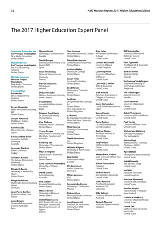 52	 NMC Horizon Report: 2017 Higher Education Edition
The 2017 Higher Education Expert Panel
Samantha Adams Becker
Co-Principal Investigator
New Media Consortium
United States
Malcolm Brown
Co-Principal Investigator
EDUCAUSE Learning
Initiative
United States
Michele Cummins
Horizon Project
Operations
New Media Consortium
United States
Veronica Diaz
Researcher
EDUCAUSE Learning
Initiative
United States
_________________________
Bryan Alexander
Bryan Alexander Consulting,
LLC
United States
Joseph Antonioli
Middlebury College
United States
Kumiko Aoki
Open University of Japan
Japan
Kevin Ashford-Rowe
Australian Catholic
University
Australia
Armagan Ateskan
Bilkent University
Turkey
Yordanos Baharu
The George Washington
University
United States
Elizabeth Barrie
University of Nevada Las
Vegas
United States
Helga Bechmann
Multimedia Kontor Hamburg
GmbH
Germany
Jean-Pierre Berthet
Ecole Centrale de Lyon
France
Jorge Bossio
Universidad Peruana de
Ciencias Aplicadas
Peru
Marwin Britto
University of Saskatchewan
Canada
Daniel Burgos
International University of La
Rioja (UNIR)
Spain
Chun-Yen Chang
National Taiwan Normal
University
Taiwan
Fiona Concannon
NUI Galway
Ireland
Deborah Cooke
Western Governors University
United States
Paulo Dantas
AssociaçãoCulturaInglesa
SãoPaulo
Brazil
Rebecca Frost Davis
St. Edward’s University
United States
Kyle Dickson
Abilene Christian University
United States
Yvette Drager
Department of Training and
Workforce Development
Australia
Kimberly Eke
University of Pennsylvania
United States
Maya Georgieva
Digital Bodies - Immersive
Learning
United States
Aline Germain-Rutherford
University of Ottawa
Canada
David Gibson
Curtin University
Australia
Rob Gibson
Emporia State University
United States
Melissa Green
University of Alabama
United States
Stella Hadjistassou
KIOS Research Center for
Intelligent Systems and
Networks, University of
Cyprus
Cyprus
Tom Haymes
Houston Community College
United States
Doug Hearrington
James Madison University
United States
Anthony Helm
Dartmouth College
United States
Susan Hines
San Jose City College
United States
Brad Hinson
University of Colorado
Denver
United States
Ted Kahn
DesignWorlds for Learning,
Inc.
United States
Vivo Technology Inc.
United Kingdom
AJ Kelton
Emerging Learning Design /
Montclair State University
United States
Mike Kenney
Cuyahoga Community
College
United States
David Kernohan
Jisc
United Kingdom
Whitney Kilgore
University of North Texas
United States
Lisa Koster
Conestoga College
Canada
Ole Lauridsen
Aarhus University
Denmark
Mike Lawrence
CUE
United States
Fernando Ledezma
University of Chihuahua
Mexico
Deborah Lee
Mississippi State University
United States
Joan Lippincott
Coalition for Networked
Information (CNI)
United States
Bryn Lutes
Washington University in
St. Louis
United States
Damian McDonald
University of Leeds
United Kingdom
Courtney Miller
University of Southern
California
United States
Lawrence G. Miller
Miller & Associates
United States
Ruth Nemire
American Association of
Colleges of Pharmacy
United States
Javier No Sanchez
Loyola University Andalusia
Spain
Sunay Palsole
Texas A&M University
United States
David Parkes
De Montfort University
United Kingdom
Andrew Phelps
Rochester Institute of
Technology
United States
Emy Phillips
California State University,
Fresno
United States
Alexandra M. Pickett
State University of New York
United States
Ruben Puentedura
Hippasus
United States
Michael Reese
Johns Hopkins University
United States
Jaime Reinoso
Pontificia Universidad
Javeriana Cali
Colombia
Gilly Salmon
University Western Australia
Australia
Ramesh Sharma
Wawasan Open University
Malaysia
Bill Shewbridge
University of Maryland,
Baltimore County
United States
Paul Signorelli
Paul Signorelli & Associates
United States
Barbara Smith
Niagara College
Canada
Nachamma Sockalingam
Singapore University of
Technology and Design
Singapore
Jan Svärdhagen
Dalarna University
Sweden
David Thomas
University of Colorado
Denver
United States
Kelvin Thompson
University of Central Florida
United States
Paul Turner
University of Notre Dame
United States
Michael van Wetering
Kennisnet Foundation
The Netherlands
Kristen Vogt
Next Generation Learning
Challenges (NGLC)
United States
Ryan Wetzel
Pennsylvania State University
United States
Niki Whiteside
San Jacinto College
United States
Neil Witt
Plymouth University
United Kingdom
Matthew Worwood
University of Connecticut
United States
Noeline Wright
The University of Waikato
New Zealand
Francisca Yonekura
University of Central Florida
United States
Deone Zell
California State University,
Northridge
United States
 