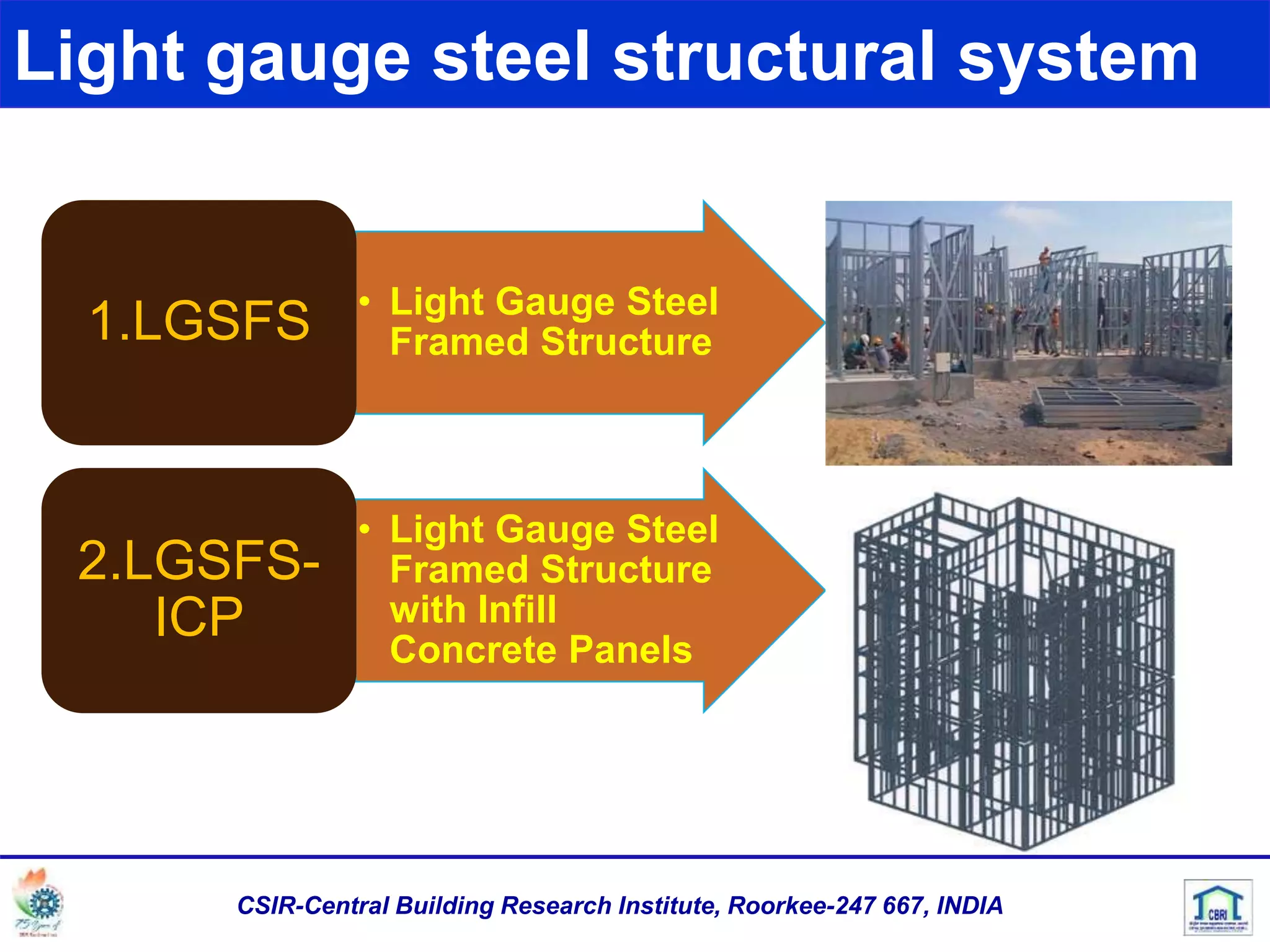 Light gauge steel structural system
• Light Gauge Steel
Framed Structure1.LGSFS
• Light Gauge Steel
Framed Structure
with Infill
Concrete Panels
2.LGSFS-
ICP
CSIR-Central Building Research Institute, Roorkee-247 667, INDIA
 