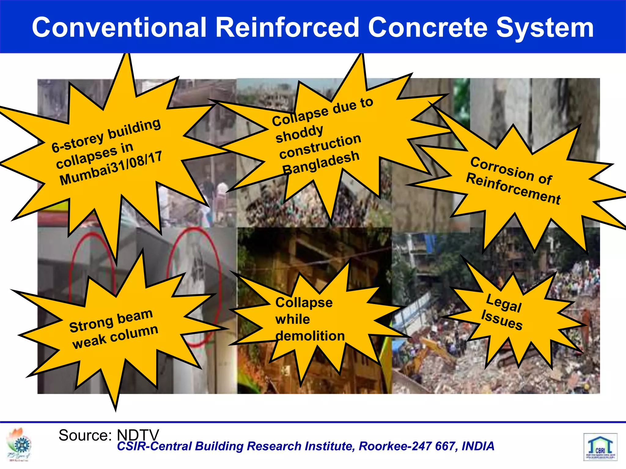 Collapse
while
demolition
Conventional Reinforced Concrete System
Source: NDTV
CSIR-Central Building Research Institute, Roorkee-247 667, INDIA
 