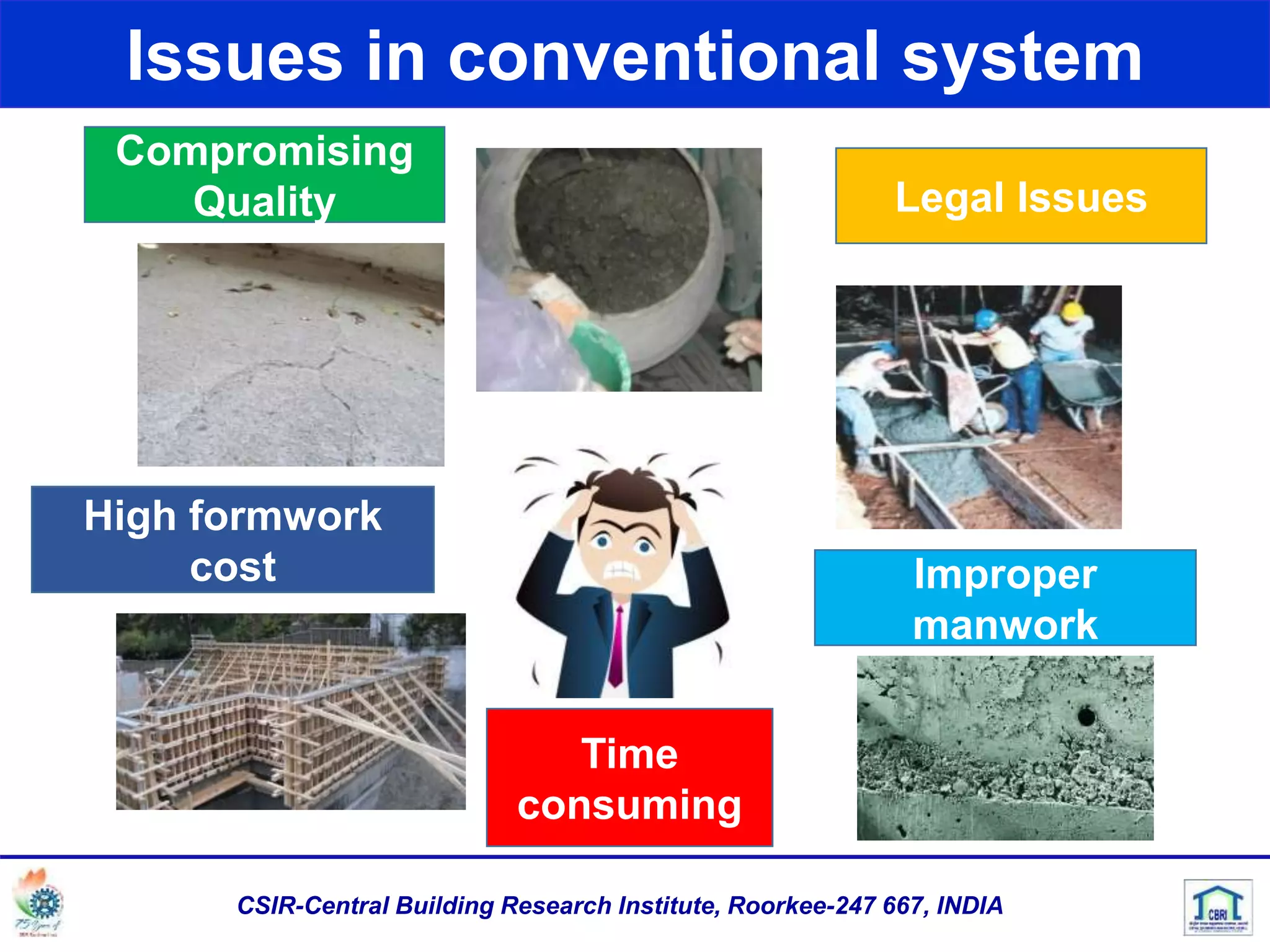 Compromising
Quality Legal Issues
Improper
manwork
Time
consuming
High formwork
cost
Issues in conventional system
CSIR-Central Building Research Institute, Roorkee-247 667, INDIA
 