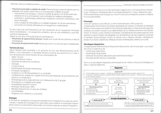 Protocolos Clínicos em Medicino Interna Protocolos Clínicos em Medicino Interno
• Pneumonia associada a cuidados de saúde:Pneumonia que ocorre em doente não hos-
pitalizado, mas sujeito a peio menos um dos seguintes cuidados de saúde:
- internamento com duração > 2 dias em hospital de agudos nos 90 dias anteriores;
- residente em lar ou em qualquer outra instituição de cuidados prolongados;
- submetido a quimioterapia endovenosa, terapêutica antibiótica endovenosa, trata-
mento de feridas;
- visita a unidade de hemodiálise ou a unidade hospitalar nos 30 dias precedentes;
- convivente com doente infectado por microorganismo multiresistente.
Ou seja, trata-se de uma Pneumonia com risco significativo de ser causada por microorga-
nismo multiresistente - microorganismo resistente a dois ou mais antibióticos a que habi-
tualmente seria sensível.
Quanto ao seu início, a PN pode ainda ser classificada em:
• Pneumonia de aparecimento precoce: Aquela que ocorre até aos primeiros 4 dias de
hospitalização.
• Pneumonia de aparecimento tardio: Aquela que ocorre 5 ou mais dias após a hospitalização.
Factores de risco
Alguns factores estão associados a um aumento do risco para desenvolvimento de PN.
Destes, o mais importante é a Ventilação Mecânica Invasiva, que aumenta 6 a 21 vezes o
risco de pneumonia. Outros factores de risco relacionados são:
• Idade >70 anos
• Doença Pulmonar Crónica
• Depressão do estado de consciência
• Aspiração
• Cirurgia torácica
• Monitorização da pressão intracraniana
• Entubação nasogástrica
• Terapêutica com IBP
, bloqueadores H2 ou antiácidos
• Transferência da unidade de Cuidados Intensivos para realização de procedimentos dia-
gnósticos ou terapêuticos
• Antibioterapia prévia,especialmente com Cefalosporinas de 3a geração
• Reintubação ou intubação prolongada
• Hospitalização durante o Inverno
• Ventilação mecânica por ARDS
• Alteração frequente dos circuitos do ventilador
• Comorbilidades
• Terapêutica com sedativos e curarizantes
Os microorganismos mais comuns são:bacilos gram negativos (ex:E.coli, K.pneumomae,Enterobac-
terspp., P.oeruginosa, Acinetobocter spp.) e coccus gram positivos (Ex:5. oureus,Streptococcus spp).
A Pneumonia Nosocomial a fungos ou a vírus é muito menos frequente, excepto no doente
imunocomprometido.
Prevenção
Como em qualquer outra infecção, a melhor forma de tratar a PN é preveni-la.
0 respeito pelas normas básicas de assépsia na prestação de cuidados, a instituição deVentilação
Mecânica Invasiva apenas em doentes com indicações adequadas e o tratamento atempado das
condições que podem conduzir à sua implementação são as medidas preventivas mais eficazes.
Existem, no entanto,outras manobras importantes, nomeadamente:descontaminação do tracto
respiratório superior (higiene oral adequada com clorohexidina) e do tracto digestivo,prevenção
da aspiração (posicionamento correcto do doente com a cabeceira elevada e drenagem/as-
piração de secreções subglóticas), utilização de tubos endotraqueais cobertos com prata.
Abordagem diagnóstica
O estado da arte relativamente às Pneumonias Nosocomiais,diz-nos que após a sua suspei-
ção clínica os objectivos são:
• Confirmação diagnóstica
• Estratificação da gravidade
• Obtenção de amostras adequadas para exame bacteriológico
• Prescrição de ABT precoce e adequada
Assim, a sua abordagem diagnóstica deve basear-se em critérios clínicos/microbiológicos e
seguir o seguinte algoritmo:
Diagnóstico
Suspeitade PN
• Infiltrado radiográfico,de novo ouagravado,+2 de (febre,leucocitose/leucopénía,secreções respiratórias purulentas,redução da Sat 02)
* Se sépsis grave,instabilidade hemodinâmica ou hipoxémia refractária:Infiltradoradiográfico,de novo ou agravado,+1 de (febre,leucocitose/leucopénia ou
secreções respiratórias purulentas)
Excluir outros focos infecciosos e
causas não infecciosas
Colherexames
Microbiológicos (MB)
Estratificação
De gravidade
T
T T
Causasnão infecciosas
• Atelectasia,ARDS,ICC
• Embolia pulmonarcom enfarte
• Hemorragia alveolar,neoplasia
• Contusão pulmonar
Referenciação para UCI se:
• Ventil.mecânica invasiva
• Choque séptico/sépsis grave
Fi02>35% para Sa02>90% ou Pa02/ Fi02<90%
• Outra falência orgânica
2 hemoculturas
(todos osdoentes)
Toracocentese
(se derramepleural)
Secreções Respiratórias
Etiologia
A PN pode ser causada por uma grande variedade de microorganismos e pode ser polimi-
crobiana. O padrão de micoorganismos observados varia conforme as instituições e dentro
destas mesmas,e está também relacionado com factores inerentes ao próprio hospedeiro.
DoentescomE0T
Doentessem EOT
i
T
LBA / EBR se condições de exequibilidadetécnica e rentabilidade
diagnóstica. Na impossibilidade, aspiração traqueal por sonda
Colheita de expectoração sempre que possível.
Realizaçãode técnicasinvasivas de acordo com (risco/beneficio)
226
227
 