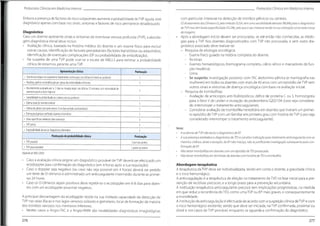 Protocolos Clínicos em Medicino Interno
Protocolos Clínicos em Medicino Interna
com particular interesse na detecção de trombos pélvicos ou centrais.
(0 doseamento dos Dfmeros-D, pelo método ELISA, tem uma sensibilidade elevada (96,8%) para o diagnóstico
deTVP mas tem baixa especificidade (35,2%), peloque o seu interesse reside na sua utilizaçãocomo teste inicial
de triagem).
• Após a abordagem inicial devem ser procuradas, se até então não conhecidas, as etiolo-
gias para a TVP. Nos doentes diagnosticados com TVP não provocada, e sem outro dia-
gnóstico associado deve realizar-se:
- Pesquisa de etiologia oncológica:
- Exame físico guiado na história completa do doente.
- Rx-tórax.
- Exames hematológicos (hemograma completo, cálcio sérico e marcadores de fun-
ção hepática).
- Urina.
- Se suspeito: investigação posterior com TAC abdomino-pélvica (e mamografia nas
mulheres) em todos os doentes com mais de 40 anos com um episódio deTVP sem
outros sinais e sintomas de doença oncológica com base na avaliação inicial.
- Pesquisa de trombofilias:
- Avaliação de anticorpos anti-fosfolipídicos, défice de proteína C ou S, homozigotia
para o fator V de Leiden e mutação da protrombina G20210A (caso seja considera-
do interromper o tratamento anticoagulante).
- Considerar avaliação de trombofilia hereditária em doentes que tiveram um primei-
ro episódio deTVP com um familiar em primeiro grau com história deTVP (caso seja
considerado interromper o tratamento anticoagulante).
Embora a presença de factores de risco subjacentes aumente a probabilidade deTVP aguda, este
diagnóstico apenas com base nos sinais, sintomas e factores de risco permanece desadequado.
Diagnóstico
Caso um doente apresente sinais e sintomas de trombose venosa profunda (TVP), a aborda-
gem diagnóstica inicial deve incluir:
• Avaliação clínica, baseada na história médica do doente e um exame físico para excluir
outras causas,identificação de factores precipitantes (factores transitórios ou adquiridos),
identificação de eventuais complicações (EP ou probabilidade de embolização).
• Na suspeita de uma TVP pode usar-se a escala de WELLS para estimar a probabilidade
clínica de estarmos perante uma TVP
Apresentaçãoclínica Pontuação
• Doente oncológico em tratamento (tratamento continuado, nos últimos 6 meses ou paliativo) 1
• Paralisia, parésia ou imobilização por gesso das extremidades inferiores 1
• Recentemente acamado por > 3 dias ou cirurgia major nas últimas 12 semanas com necessidade de
anestesia geral ou loco-regional 1
• Sensibilidade local distribuída no sistema venoso profundo 1
• Edema total do membro inferior 1
• Edema do gémeo (em pelo menos 3 cm face ao lado assintomático) 1
• Edema pruriginoso confinadoà perna sintomática 1
• Veias superficiais colaterais (não varicosas) 1
• TVP prévia 1
Nota:
• A ausência de TVP nãoexclui o diagnóstico de EP.
• A sua presença estabelece o diagnóstico deTEV e constitui indicação para tratamento anticoagulante com os
mesmos critérios,doses e duração,da EP não maciça, não se justificando investigação subsequente para con-
firmação de EP.
• Não testar trombofilias em doentes com um episódio deTEV provocado.
• Não testar trombofilias em familiares dedoentes com história deTEVe trombofilia.
• Impossibilidade de excluir diagnóstico alternativo 1
Pontuação de probabilidade clínica Pontuação
• TVP provável 2 ou mais pontos
• TVPpoucoprovável 1 ponto ou menos
AdaptadodeWells(2003)
• Caso a avaliação clínica origine um diagnóstico provável deTVP deverá ser efectuado um
ecodoppler para confirmação do diagnóstico (em 4 horas após a sua requisição).
• Caso o doppler seja negativo (ou caso não seja possível em 4 horas) deverá ser pedido
um teste de D-dímeros e administrado um anticoagulante intermédio durante as primei-
ras 24 horas.
• Caso os D-Dímeros sejam positivos deve repetir-se o ecodoppler em 6-8 dias para doen-
tes com um ecodoppler proximal negativo.
Abordagem terapêutica
A terapêutica da TVP deve ser individualizada, tendo em conta o doente,a gravidade clínica
e o risco hemorrágico.
A anticoagulação é a terapêutica de eleição no tratamento da TVP, na fase inicial para a pre-
venção de recidivas precoces, e a longo prazo para a prevenção secundária.
A instituição terapêutica anticoagulante precoce tem implicações prognósticas, na medida
em que reduza recorrência doTEV,como uma TVP ou EP mais graves, e consequentemente
a mortalidade.
A instituição da anticoagulação é efectuada de acordo com a suspeição clínica deTVP e com
o risco hemorrágico existente, sendo que deve ser iniciada, na TVP confirmada, proximal ou
distai e nos casos deTVP provável, enquanto se aguarda a confirmação do diagnóstico.
A principal desvantagem do ecodoppler reside na sua limitada capacidade de detecção de
TVP nas veias ilíacas e nos lagos venosos soleares e gemelares, local de formação da maioria
dos trombos venosos nos membros inferiores.
• Nestes casos a Angio-TAC e a Angio-RMN são modalidades diagnósticas imagiológicas
277
276
 