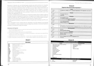 r
Protocolos Clínicos em Medicino Interno
Protocolos Clínicos em Medicino Interna
Hipoxémia é indicativo de uma hipoventilação alveolar que pode acontecer em situações
como intoxicação por sedativos; lesão SNC; desequilíbrio V:Q (ex:pneumonia multilobar).
As causas de acidose respiratória podem ser fatais, por essa razão, independentemente da
etiologia subjacente a prioridade na abordagem do doente crítico é assegurar a via aérea,
ventilação e estabilidade cardiovascular.(2)
Para o doente de alto risco deve ser efetuada a
decisão sobre a necessidade de iniciar ventilação mecânica e/ou de transferir para outra
unidade mais adequada (50; UCI).
Os exames complementares são pedidos em função da suspeita clínica e devem avaliar as
etiologia mais graves: hemograma, bioquímica; ionograma; toxicologia; punção lombar (na
suspeita de infeção do SNC); radiografia torácica e/ou TAC torácica (doença grave do parên-
quima pulmonar, pneumotórax);TAC-CE (suspeita de AVC ou lesão do SNC).(2)
Além do suporte ventilatório, o tratamento deve ser dirigido para a etiologia específica sub-
jacente.
Após a abordagem inicial, o doente deve ser reavaliado no que diz respeito à sua evolução
clínica e analítica, os meios complementares de diagnóstico aferidos e a decisão terapêutica
ajustada ou mantida em função da situação.
Anexo II
Diagnóstico Diferencial de Acidose Respiratória (2,3)
Central
Comum AVC;drogas(álcool, sedativos,narcóticos,anestésicos);oxigenoterapia na DPOC;Infeçáo SNC;contusão cerebral
Raro
Via aérea
Comum DPOC;corpoestranho;Asma
Raro angio-edema
Parénquima
Comum DPOC;pneumonia multilobar
Raro Edema pulmonar cardiogénica;SARA;fibrose pulmonar
Pleura emediastino
Comum Derrame pleural;pneumotórax
(2,3)
Raro ímpiema;hemotorax;fibrotórax
Neuromuscular
Comum
Agentes paralíticos;trauma medular (acima deC4); trauma do nervo frénico;Síndrome Guillain Barre;Esderosemúl-
tipla; miastenia gravis; esderose lateral amiotrófica;poliomielite;polimiosite; distrofia muscular;tétano;botulismo
Raro
Musculoesquelético
Referências de Suporte:
1. http://www.uptodate.corrVcoments/simple-and-mixed-acid-base-disorders?source=search_result&search=res
piratory+acidosis&selectedTitle=2~150
2. http://bestpractice.bmjjcom/best-practice/monograph/462.html
3. Longo DL, Fauci AS,Kasper DL, et al.Harrison's Principies of Internai Medicine.18th edition.Nova Iorque:McGraw-
Hill Medicai Pub.Division;2012.Chapter 47.
Bugalho de Almeida,et al.Pneumologia Clínica - 1 volume.Lisboa:Laboratórios Atral-Cipan;2005.p
.127-150.
5. Bugalho de Almeida, et al.Pneumologia Clínica - II volume.Lisboa: Laboratórios Atral-Cipan;2005.p.229-241.
Comum Cifoscoliose
Raro flailchesr,Espondilite anquilosante
Metabólica
Comum Hipocaliemia;hipofosfatémta;Hipotiroidismo
Raro Hipcriermia maligna
Outro
Comum Obesidade;ventilação mecânica insuficiente;hipercapnia permissiva
4.
Raro Esderodermia
Anexo III
Anexo I
CAUSAS DE ACIDOSE RESPIRATÓRIA AGUDA (2)
Abreviaturas
Comuns CausasNão Comuns
Antagonista dos Receptores da Angiotensina
AcidenteVascular Cerebral
Doença Pulmonar Obstrutiva Crónica
Frequência Cardíaca
Fração de Oxigénio inspirado
Bicarbonato
Inibidor da Enzima de Conversão da Angiotensina
Milímetros de mercúrio
Pressão arterial de Dióxido de Carbono
Síndrome de Angústia Respiratória Aguda
Sistema Nervoso Central
Sala de Observação
Tensão Arterial
Tomografia
Tomografia Crânioencefálica
Traumatismo Crânioencefálica
Unidadede Cuidados Intensivos
Ventilação: perfusão
ARA Drogas (narcóticos, álcool, sedativos,anestésicos)
Oxigenoterapia em DPOC
Exacerbaçãode DPOC
Hipocaliemia
Hipofosfatemia
Exacerbação de Asma
Inalação de corpo estranho
Pneumonia multilobar
Derramepleural
Pneumotórax
Ventilação mecânica insuficiente
• Edema pulmonar cardiogénico
• Espasmo laríngeo
• Angioedema
• Sépsis
• Hipertermia maligna
AVC
DPOC
FC
fi02
HC07
IECA
mmHG
PaC02
SARA
SNC
SO AVC
TA TCE
TAC IníecçâodoSNC
TAC-CE
CAUSAS COMUM DE ACIDOSE RESPIRATÓRIA CRÓNICA »>
TCE
• DPOC
• Obesidade
UCI • Hipotiroidismo
• Cifoscoliose
V:Q
52
53
 
