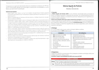 1
- ¥
Protocolos Clínicos em Medicino interna
Protocolos Clínicos em Medicina Interna
O tratamento em regime de internamento deve ser considerado nos doentes comTVP mas-
siva, EP concomitante, elevado risco hemorrágico e presença de comorbilidades ou outros
fatores que determinem hospitalização.
Edema Agudo do Pulmão
Elaborado por.JoanaJadntoSilvo
Referência de Suporte:
Dupras D( Bluhm J, Felty C, Hansen C, Johnson T, Um K, Maddali S, Marshall P
, Messner R Skeik N. Institute for
Clinicai Systems Improvement.VenousThromboembolism Diagnosis andTreatment.http://bit.lyA/TE0113.Up-
dated January 2013.
Diagnosis ofsuspected deep vein thrombosis of the lower extremity.In UpToDate. Disponível em: www.upto-
date.com. Acedido em 30/06/2016.
• Konstantinides SVJorbicki A, Agnelli G, Danchin N, Fitzmaurice D, Galiè N, Gibbs JS, Huisman MV, Humbert M,
Kucher N, Lang I, Lankeit M, Lekakis J, Maack C, Mayer E, Meneveau N, Perrier A, Pruszczyk R Rasmussen LH,
SchindlerTH, Svitil RVonk Noordegraaf A, Zamorano JL, Zompatori M;Task Force for the Diagnosis and Manage-
ment of Acute Pulmonary Embolism ofthe European Society ofCardiology (ESC).2014 ESC guidelines on the
diagnosis and management of acute pulmonary embolism. Eur Heart J. 2014 Nov 14;35(43):3033-69, 3069a-
3069k doi: 10.1093/eurheartj/ehu283.Epub 2014 Aug 29.
Kearon C, Akl EA, Orneias J, Blaivas A, Jimenez D,Bounameaux H, Huisman M, King CS, Morris TA, Sood N, Ste-
vens SM, Vintch JR, Wells P
,Woller SC,Moores L. AntithromboticTherapy for MTE Disease: CHEST Guideline and
Expert Panei Report. Chest.2016 Feb;149(2):315-52. doi: 10.1016/j.chest.2015.11.026.Epub 2016 Jan 7.
OverView ofthe treatment of lower extremity deep vein thrombosis (DVT).In UpToDate Disponível em: www
uptodate.com. Acedido em 30/06/2016.
• Fibrinolytic therapy in acute pulmonary embolism and lower extremity deep vein thrombosis. In UpToDate.
Disponível em: www.uptodate.com. Acedido em 30/06/2016.
• Rationale and indications for indefinite anticoagulation in patients with venous thromboembolism.In UpTo-
Date Disponível em: www uptodate.com. Acedido em 30/06/2016.
1.Conceito
0 Edema Agudo do Pulmão (EAP) é uma síndrome caracterizada pela acumulação de
fluidos nos espaços alveolares e intersticiais dos pulmões, com comprometimento das tro-
cas gasosas alvéolo-capilares e complacência pulmonar, traduzindo-se em hipoxémia e au-
mento do trabalho respiratório.
0 EAP éumasituaçãoclínico querequer tratamento emergente, pelo que a instituição das
medidas terapêuticas de suporte não devem ser proteladas. Assim, a sua investigação etioló-
gica e diagnóstico diferencial deve ser realizada simultaneamente, de forma a possibilitar a
reversão, correção ou tratamento específico das suas causas subjacentes e, assim, melhorar o
prognóstico do doente.
2.Etiologia
Tem na sua origem várias causas, sendo a principal a falência cardíaca.
As principais causas de EAP dividem-se em:
Cardiogénicas Não Cardiogénicas
•
*t pressão diastólica final doVE
•
**pressão hidrostática capilar
• Enfarte agudo do miocárdio (EAM)
• Insuficiência cardíaca descompensada (disfunção
diastólica e/ou sistólica);cardiomiopatia,valvulopa-
tias,miocardite
• Crise hipertensiva
• Taqui ou bradidisritmias;
• Sobrecarga hídrica (ex. insuficiência renal crónica
oligo-anúrica)
Tromboembolismo pulmonar (TEP)
Infecções pulmonares graves/atípicas
t permeabilidade membranas capilares (ex. ARDS,afogamento)
Diminuição da pressão oncótica plasmática (ex. cirrose)
Altitude
Intoxicações (solventes, salicilatos)
latrogenia (ex.quimioterapia;re-expansão pulmonar pós-
-pneumotórax)
Anafilaxia;obstrução da via aérea
Edema neurogénico (ex. PósTCE)
3.Diagnóstico
0 diagnóstico de EAP é iminentemente clínico, baseado na história e semiologia,tendo uma
instalação geralmente súbita e severa.
Considerar sempre a possibilidade de EAM como causa de EAP!
ESTÁDIOS DE GRAVIDADE
v
Dispneia de
esforço
Taquipneia,
ortopneia
Dispneia intensa;tosse (hemoptóica ou espumosa); ansiedade,
agitação, sensação morte iminente;obnubilação
Sintomas
Leves fervores
inspiratórios
Sibilos
expiratórios
Sudorese, posição ortostática de alívio;tiragem global; exaustão respiratória;hipoperfusão periférica: cianose,
palidez,extremidades frias;Broncospasmo:fervores, sibilos, roncos abundantes (bases
—ápex)
Sinais
89
88
 