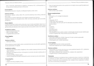 Protocolos Clínicos em Medicino Interna Protocolos Clínicos em Medicino Interno
salino, intoxicação medicamentosa (digitálicos, amiodarona, BCC e (3-bloqueantes), ar-
ritmias, anemia, embolia pulmonar, e tirotoxicose.
• Sinais de hipertensão portal, como aumento da circulação venosa superficial abdominal
e esplenomegalia.
Síndrome nefrótico
• Edema da face e peri-orbitário.
Cirrose hepática
Antecedentes: alcoolismo, hepatite, encefalopatia hepática, ascite, outros.
Exames complementares
Gerais
• Hemograma,com contagem de plaquetas
• Glicemía
Síndrome nefrótico
Antecedentes: diabetes mellitus (DM), HTA, insuficiência/doença renal, doença sistémica/
auto-imune.
Características do edema: edema face, peri-orbitário; de predomínio matutino.
Terapêutica realizada em ambulatório: BCC, AINEs, hormonas esteróides (glucocorticóides,
estrogénios).
PCR
Coagulação: INR,TP
Função renal: ureia e creatinina;
Função hepática: AST, ALT, LDH, GGT, FA e bilirrubina total, direta e indireta
Albumina sérica
Exame objetivo
0 padrão de distribuição do edema pode orientar para a causa do edema generalizado. Apesar de, os 3
síndromes poderem se apresentar com derrame pleural,edema periférico, bilateral e simétrico, edema
genital e ascite,particularizando,existem aspetos que estão mais associados a cada um dos síndromes.
BNP
lonograma
Urina tipo II
Gasimetria arterial
Eletrocardiograma
Telerradiografia do tórax póstero-anterior (cardiomegalia; derrame pleural; redistribuição
vascular; congestão hilar; linhas de Kerley; processo infeccioso)
Insuficiência cardíaca
• Edema da parede abdominal;
• Edema da região sagrada;
• Congestão/Edema pulmonar.
Insuficiência cardíaca
• Enzimologia cardíaca (CK, CK-MB eTroponinaT hs) (em contexto apropriado)
• Digoxinemia (em contexto apropriado)
• Ecocardiograma (em contexto apropriado)
Cirrose hepática
• Ascite.
Síndrome nefrótico
• Edema peri-orbitário.
Cirrose hepática
• Ecografia abdominal (em contexto apropriado)
• Paracentese diagnóstica (em contexto apropriado)
Outros achados ao exame objetivo úteis no esclarecimento da causa do edema generaliza-
do são apresentados em seguida.
Síndrome nefrótico
• Determinação em amostra única de urina o ratio proteínas/creatinina >0,5 - proteinúria
patológica; >3.5g/dL proteinúria nefrótica
• Perfil Lipídico (colesterol total, colesterol-HDL, colesterol-LDL, triglicéridos)
• Ecografia renal (em contexto apropriado)
Insuficiência cardíaca
• Alterações auscultação cardíaca: frequência, ritmo cardíaco, presença de extra-sons e/ou
sopros cardíacos;
• Alterações auscultação pulmonar: diminuição do murmúrio vesicular e presença de ruí-
dos adventícios;
• Presença do Refluxo hepato-jugular;
• Sinais de hipoperfusão tecidular: amplitude do pulso e temperatura das extremidades. Tratamento
A utilização de diuréticos é a terapêutica base na maioria dos casos,e comum às 3 síndromes
no tratamento do edema. Além do uso de albumina a restrição de sol do dieta e do ingestão
de água. A reversão dos cousas precipitontes e dos condições clínicos subjacentes é também
outros dos componentes da terapêutica.
Cirrose hepática
• Icterícia;
• Estigmas de doença hepática crónica;
99
98
i
 