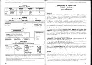 r
Protocolos Clínicos em Medicina Interna Protocolos Clínicos em Medicina Interna
Anexo II
Recomendações- Diuréticos
Abordagem do Doente com
Embolia Pulmonar*
Doseiniciai Dosemáxima Via de administração
Diurético Qá?D
Elaborado por:AdelaideSpínola
20mg/dia
Metolazona 5-10mg/dia p.o.
25-50 mg 2x/dia 200mg/dia
Tiazídico Hidroclorotiazida p.o.
100mg/dia
50-100mg/dia
Clorotalidona p.o.
Introdução
O Tromboembolismo Venoso (TEV) inclui a Trombose Venosa Profunda (TVP) e a Embolia Pul-
monar (EP). A incidência anual doTEVestá estimada em 100 a 200 casos por 100.000 habitantes.
A EP aguda é a forma de apresentação mais grave do TEV, é uma patologia frequente, com
uma incidência estimada de 600.000 casos/ano nos EUA.
A EP aguda resulta da obstrução das artérias pulmonares por um trombo originário noutro
local,na maioria dos casos de uma trombose venosa profunda do membro inferior.
A EP é uma causa major de mortalidade, morbilidade e internamento na Europa. Quando
não tratada, apresenta uma mortalidade aproximada de 30%.
Esta elevada taxa de mortalidade pode ser reduzida pelo diagnóstico e tratamento precoce.
e.v./ p.o.
Furosemido 200mg
Ansa 20-40mq
400mg/dia
Espironolactona 25-100mq p.o.
Anexo III
Recomendações- Restrição deingestãode sódio e água nadieta
Restriçãode água
Restrição de sódio
Condição clínica
<2 L/dia (se hiponatremia <130mEq/L)
Insuficiência cardíaca <2 gr/dia
Síndromenefrótico 2 gr/dia
se hiponatremia <120mEq/L,
insuficiência renal ou oligúria
2 gr/dia
Cirrose hepática
Classificação/Estratificação de risco
As orientações atuais recomendam a classificação da EP de acordo com o grau de gravi-
dadeclínica, tendoem conta a estimativa individual do risco de mortalidade precoce (intra-
hospitalar ou aos 30 dias) associada à EP
, baseada na presença de marcadores de risco clíni-
cos na apresentação (obtidos à cabeceira do doente). Esta estratificação tem implicações
diagnósticas e terapêuticas.
Algoritmo
Edema Generalizado
Consideraroutras causas:
- Doença renal
- Enteropatia perdedora
de proteínas
- Mixedema
- Fármacos
- Idiopático
/ " A
- História clínica:antecedentes;fármacos;característicasdo edema;sintomas acompanhantes
- Exameobjetivo:padrãodedistribuiçãodo edema;sina!deGodet
- Exames complementares:provasdefunção renalehepática;BNP;
albumina sérica;urina tipoII
Inicialmente, a EP deve ser estratificada em 2 grupos:
EP de alto risco, na presença de choque ou hipotensão arterial persistente, e EP não
alto risco, na ausência destes marcadores de risco.
A estratégia de avaliação prognóstica do doente com EP inclui fatores relacionados com
a EP,marcadores de risco clínicos e comorbilidades do doente.
Diversas regras de previsão baseadas em parâmetros clínicos demonstraram ser úteis na
avaliação do prognóstico em doentes com EP aguda. Destas,o Pulmonaryembolism severity
index (PESI) ou o PESI simplificado (sPESI) são as atualmente mais extensivamente valida-
das, sendo particularmente úteis para a identificação de doentes com baixo risco de mor-
talidade aos 30 dias (PESI Classe I e II ou sPESI 0).
>
T
^Insuficiência cardíaca Síndrome nefrótico J Cirrose hepática
AbordagemTerapêutica
Diuréticos05;Albumina;Restrição da ingestãode sal e água;
Outrasdirigidas aosfatoresdesencadeantes ea cada condição clínica subjacente
Furosemido*
- 40-80mgbolus e v (dosemáxima) e
Espironolactona
- 50mg/dia po
(400mg/dia -dosemáxima)
Paracentese
(ascite sob tensão)
AlbuminaHumana a 20%**
- Paracentese >5 L (8 g/L)
Furosemido*
- 20-40mgboluse.v.(ouaté 2,5 vezes
superiora dose oral crónica);
aumentar a cada 2h a dose em
20mg até 200 mg/dose
- seguida de perfusão: 5-10 mg/h;
(20-40mg/hseTFG <30 mL/min)
Furosemido*
- 80-120mgbolus ev
(200mg- dosemáxima)
AlbuminaHumana a 20%**
- Albumina <2gr/dL
- até 3 frascos/dia
n> -c
° 7S 2
OJ "O i/t O
4- —* fD J
í* 3
« IB 5 DII ~
-*- =3 0 0
^-
+ “ n 61 S
f S l gí
n £5. w
“ *2
f *i fí
= S CU
o «
z
.
Conceitos
Choque(critériosclínicoseanalíticos):Hipotensão arterial (PAS <90mmHg,ouPAM<60mmHg,
ou queda superior ou igual a 40 mmHg dos níveis basais); Oligúria (débito <0,5mi/Kg/h);
Alteração do estado de consciência;Taquicardia;Tempo de preenchimento capilar aumen-
* Protocolo n.°0144/ersão n.°001,revisto em 2 de Dezembro de 2016,para aplicação em todos os doentes com
Tromboembolismo pulmonar no Serviço de Urgência do Hospital Nélio Mendonça,Unidade de Cuidados Espe-
ciais,Unidade de AVCs e enfermarias do Serviço de Medicina Interna do SESARAM - EPE.
Edema refratário:Associação de diurético de ansa e diurético tiazídico ouantagonista da aldosterona***;Albumina humana a 20% (síndrome
nefrótico/cirrose hepática - instabilidadehemodinâmica);Diálise (insuficiência cardíaca grave e insuficiência renal)
1 A velocidade e agressividadeterapêuticas dependem do estado hemodinâmico,volemia efunção renal.
* Diuréticodeansa de eleição.A dose administrada deverá serindividualizada e ajustada deacordo coma função renal,resposta diurética e medicaçãoprévia emambulatóriocom diuréticos
** Aadministraçãoconcomitante dealbumina aumenta a eficácia diurética.
Clorotalidona 50-100mg/dia p.o.;Hidroclorotiazida 25-50 2x/dia p.o;Metolazona 5-10mg/dia p.o.;Espironolactona 25-100/dia p.o
***
102 103
 