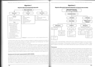 Protocolos Clínicos em Medicina Interna Protocolos Clínicos em Medicina Interna
Algoritmo 1
Diagnósticodiferencialdehiponatrémiahiposmolar
Algoritmo 2
Diagnósticodiferencial dehiponatrémia hiposmolar em função dostatus de volémia
) Hiponatrémia hiposmolar
[Na+]<135 e Posm<275 mOsm/Kg
Aferir o volumestatus
Hipervolémico
Euvolémico
Hipovolémico
Osmolaridadeurinária
T
• Cirrose
• Insuficiência cardíaca congestiva
• Síndrome nefrótico
• Insuficiência renal (aguda e crónica)
• SIADH
• Insuficiência suprarrenal
• Hipotiroidismo
• Induzido por drogas
• Excesso de consumo de água
Baixa ingestão de solutos
• Exercício
Extrarenal
• Perdas gastro-intestinais
• Perdas no suor
• Perdas para o 3o espaço (queimaduras,
pancreatite,trauma,músculo,peritonite)
Renal
• Terapêutica com diurético tiazídico
• Défice de mineralocorticóides
Nefropatia perdedora de sal:
- Doença medular quística
- Nefrite intersticial crónica
- Doença renal poliquística
- Nefropatia dos analgésicos
-
Obstrução parcial do tracto urinário
- Glomerolunefritecrónica
• Bicarbonatúria (ATR tipo 1 proximal,
alcalose metabólica)
• Glucosúria (diurese osmótica)
• Cetonúria (cetoacidade diabética,
cetoacidose alcoólica)
>100 mOsm/L <100 m0sm/l_
Polidipsia primária
"Potomania"
Status volémia
Hipervolémico Euvolémico Hipovolémico
U[Na+] <10 mEq/L U[Na+] >20 mEq/L U[Na+] <10 mEq/L U[Na+] >20 mEq/L
U[Na+] >20 mEq/L - Défice de cortisol
- Hipotiroidismo
- SIADH
- Outras causas deaumento
da secreção de ADH
- Vómitos
- Perdas extra-
renais
(intestinais,suor)
- Nefropatia
perdedora desal
- Diuréticos
- Hipoaldosteronismo
- Bicarbonatúria
- Cetonúria
Insuficiência renal
- Insuf. cardíaca
- Cirrose
- Sínd. nefrótico
Abreviações:ATR = acidose tubular renal; SIADH=Syndrome ofinoppropioteontidiuretichormone
universal. Assim, para o Na+, mEq/L é a mesma unidade no sistema universal, em mmol/L; se
a glucose e a ureia são apresentadas em mg/dL, estas devem ser divididas por 18 e 2,8, res-
pectivamente, de modo a convertê-las em mmol/L.
A hiponatrémia é regra geral, o reflexo da osmolaridade plasmática, sendo que a maioria dos
doentes apresentam também uma Po
hiponatrémia hiposmolar, após exclusão dos casos de pseudohiponatremia (que apresentam
uma osmolaridade plasmática normal) e hiponatrémia hiperosmolar.Tendo em conta a história
clínica e o exame objectivo, aferindo assim o status de volémia do doente e após o cálculo dos
parâmetros básicos atrás referidos podemos assim chegar ao diagnóstico final (Algoritmo 2).
Síndrome da Secreção Inapropriada de ADH (SIADH)
O SIADH é a causa mais comum de hiponatrémia hiposmolar euvolémica.O edema, a ascite
hipotensão ortostática estão ausentes e a função tiroideia, suprarrenal e renal estão ha-
bitualmente normais. Deve ser excluído o uso recente de diurético. O evento primário é a
libertação de ADH (vasopressina) que resulta na retenção de água. Existe uma lista extensa
de causas de SIADH, regra geral envolvendo o sistema pulmonar ou o sistema nervoso cen-
tral (Tabela I). O diagnóstico de SIADH é sugerido por uma Posm baixa (<280 mOsm/Kg) e
uma Uosm alta (>100 mOsm/Kg), confirmando assim a retenção de água e uma urina inapro-
priadamente concentrada. A concentração urinária de Na+ é superior a 20 mEq/L e regra
geral é superior a 30 mEq/L. Outros dados laboratoriais incluem uma [Ácido Úrico] <4 mg/dL.
Tratamento
As maiores considerações na escolha do tipo e tempo de tratamento da hiponatrémia são a
duração da mesma (aguda ou crónica) e a presença de sinais e sintomas neurológicos,espe-
cialmente manifestações severas tais como alteração do estado de consciência ou con-
vulsões. As opções de tratamento na hiponatrémia incluem a restrição de fluidos, a infusão
de soluções salinas (hipertónicas ou isotónicas), antagonistas do receptor da vasopressina
(conivaptano e demeclociclina) (não comercializados de momento em Portugal), assim
como, o tratamento da doença de base, como por exemplo a insuficiência cardíaca.
O risco de uma correção muito rápida da hiponatrémia são a sobrecarga de volume e o de-
senvolvimento de mielinólise pôntica. A mielinólise pôntica parece resultar da lesão
ronal, reflexo das rápidas trocas intracelulares osmóticas. No seu extremo, esta entidade
manifesta-se por paralisia flácida, disartria e disfagia, e na sua apresentação mais subtil, pode
baixa, fazendo-se assim o diagnóstico diferencial de
sm
e a
neu-
i
168 169
 