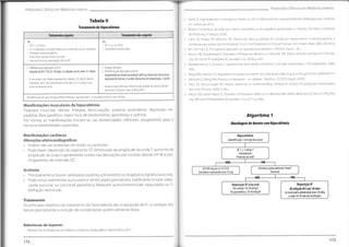 T Protocolos Clínicos em Medicina Interna
Protocolos Clínicos em Medicina Interna
• Garth, D.Hypokalemia in emergency medicine, 2010.Disponível em www.emedicine.medscape.com.Acedido
em Junho de 2013.
• Parekh V. Distúrbios do balanço hídrico e eletrolítico e do equilíbrio ácido-base. In:Tierney, LM, Saint, 5.Essência
da Medicina.3a edição; 2009.
• Cohn JN, Kowey PR, Whelton PK, Prisant LM. New guidelines for potassium replacement in clinicai practice: a
contemporary review by the National Counci! on Potassium in Clinicai Practice.Arch Intern Med.2000;160:2429.
• Kim GH, Han JS.Therapeutic approach to hypokalemia.Nephron.2002;92 Suppl 1:28.
• Mount DB, Zandi-Nejad K. Disorders of Potassium Balance.In: Brenner, BM. Editor. Brenner and Rector'sThe Kid-
ney.8th ed.W Philadelphia: B.Saunders Co.; 2008.p.547.
• Papademetriou V. Diuretics, hypokalemia, and cardiac arrhytmia: a 20 year controversy.J Clin Hypertens.2006;
8:86.
• Wang WH, Giebisch G.Regulation of potassium handling in the renal collecting duct.Plugers Arch.2009;458:157.
• Giebisch G, Wang WH.Potassium transport - an update.J Nephrol.2010;23 Suppl 16:S97.
• Youn JH, McDonough AA. Recent advances in understanding integrative control of potassium homeostasis.
Annu Ver Physiol.2009,
71:381.
• Mount DB, Zandi-Nejad K.Disorders of Potassium Balance.In: Brenner, BM.Editor.Brenner and Rector'sThe Kid-
ney.9th ed.W Philadelphia: B.Saunders Co.
;2011 p. 640.
Tabela II
Tratamento da hipocaliémia
Tratamentonão-urgente
Tratamento urgente
Se: Se:
[K+] > a 3.0mEq/L
• Hipocaliémia assintomática
• [K'] < 2.5mEq/L
• Co-morbilidades associadas (fatores pró-arritmogénicos pré-existentes)
• Alterações eletrocardiográficas
• Importantes queixas neuromusculares
• Taxa de declínio da concentração sérica de K+
• Correção da causa
• Preferência pela reposiçãooral de K+:
Comprimidosdecloretodepotássio 600mg.Numafaseinicialpara
reposiçãodereservas,4cp/dia.Numafasedemanutenção,2 cp/dia.
• Preferência pela reposiçãoev de K+:
Ampolas deKCI7.5%(5- lOmEq),ev, diluídas emSF,entre 15-20min
• A taxa máxima de infusão é geralmente limitada a 20 mEq/h.Manter
tratamento até K+ persistentemente acima dos 3.0 a 3.5 mEq/L e/ou
sintomas desaparecerem * Ponderar outros fármacos: Diuréticos poupadores depotássio (Espiro
nolactona 25 mg/dia),Bloq.p,IECAs/ARA$
Relembrar que em casos de hipocaliémia refratária à reposição de K+,é necessário avaliar os níveis de Mg21
Manifestações musculares da hipocaliémia
Fraqueza muscular, cãibras, mialgias, fasciculações, paralisia ascendente, depressão res-
piratória, íleos paralítico, maior risco de rabdomiólise, parestesias e poliúria.
Por norma, as manifestações iniciam-se nas extremidades inferiores, progredindo para o
tronco e extremidades superiores.
Algoritmo 1
Abordagemdodoentecomhipocaliémia
Manifestações cardíacas
Alterações eletrocardiográficas
• Podem não ser evidentes em todos os pacientes.
• Pode haver: depressão do segmento ST, diminuição da amplitude da onda T,aumento da
amplitude da onda U geralmente visíveis nas derivações pré-cordiais laterais V4-V6 e pro-
longamento do intervalo QT.
Hipocaliémia
(identificação / correção da causa)
[K+
] < 3 mEq/L?
Sintomática?
Perda da via oral?
NÃO SIM
Arritmias potencialmente fatais?
Paralisia?
KCI 600 mg per os 12/12 h
Considerar espironolactona 25 mg
Arritmias
• Principalmente se houver cardiopatia isquémica pré-existente ou terapêutica digitálica associada.
• Pode incluir batimentos auriculares e ventriculares prematuros, bradicardia sinusal,taqui-
cardia auricular ou juncional paroxística, bloqueio auriculoventricular, taquicárdia ou fi-
brilhação ventricular.
NÃO SIM
Reposição IV
20 mEqde KCI em 10 min
(se necessárioadministrar mais10mEq
a cada 10-20 min até resolução)
Reposição IV e/ou oral
Via central:10-20 mEq/h
Via parentérica:20-40 mEq/h
Tratamento
Os principais objetivos do tratamento da hipocaliémia são: a reposição de K+, a correção dos
fatores precipitantes e evicção de complicações potencialmente fatais.
Referências de Suporte:
• Pereira T et al.Protocolos em Medicina Interna: Desequilíbrio Electrolítico.2012
173
172
 