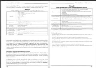 T
Protocolos Clínicos em Medicina Interna
Protocolos Clínicos em Medicina Interna
Tabela XI
Examesquepodemauxiliarnoestudodehiperbilirrubinémianãoconjugada
lesão hepática (ALT e AST) fazem levantar a suspeita de lesão hepatocelular. A investigação
diagnóstica deve ser guiada pela anamnese e exame objectivo e pode passar por:
Tabela X • Esferócitos:esferocitose hereditária,hemólise porfármacos,macro,microangiopática ou autoimune
• Esquizócitos:hemólise mecânica,anemia hemolítica microangiopática
• Corposde Heinz:hemoglobinopatia,déficesmetabólicosintrínsecosaoeritrócito (ex:défice da glucoseó-fosfato
desidrogenase)
• Trofozoítos:malária
• Estudodasoutras linhagens(presença deformasimaturas)
Exemplos deetiologia para lesãohepatocelular erespectivospedidoslaboratoriais
Esfregaço de sangue periférico
• Hepatite A:Anti-HAVIgM
• Hepatite B: Anti-HBcIgMeIgG,HBsAg,Anti-HBs,HBeAg,Anti-HBe
• Hepatite C:Anti-HCV,RNA HCV
• HepatiteD:Anti-HDV
• Hepatite E: Anti-HEV IgM
• CMVIgMelgG
• HSVIgM e IgG
• EBVIgMelgG
Mielograma / Biopsia óssea « Importantes na identificação de causas dedistúrbios da eritropoiese einvasão da medula óssea por neoplasia
Hepatitevirai
• Positivona anemia hemolítica auto-imune.Devendo-seser pesquisadascausassecundáriasdeanemia auto-imune:
HIV,sífilos,Mycoplasma,lúpus,artritereumatóide,leucemialinfocítica crónica,doença deHodgkin,linfomanão
Hodgkin,neoplasia,mieloma múltiplo,macroglobulinemia deWaldenstrõm
Teste de Coombs
* Diminuída na hemólise
• Contudo pode ser normal ouelevada se reacção inflamatória concomitante
• Anti-smoothmuscleantibodies (ASMA),Antínudearantibody (ANA),Anti-liver/kidneymicrosometype 1
(anti-LKM1),Anti-solubieíiver ontigen (anti-SLA)
• Considerar biopsiahepática quandoanticorpo negativos
Haptoglobina
Hepatiteautoimune
Electroforesedehemoglobinas » Estudo dedrepanocitosee talassémias
Testeda gota espessa * Identificação damalária
Hemocromatose • Ferrosérico,cinética doferro,ferritina
Testesdestress etritrocitário • Pesquisa de deficiênciasda piruvatocinase e glucose 6-fosfatodesidrogenase
Doença deWilson « Cobreurinário,ceruplasmina
Ecografia abdominal Pesquisa desinais de hepatomegália comhiperesplenismo
• Electroforesedeproteínas séricas
Défice daal antitripsina
Ecocardiograma Endocarditecom vegetação giganteouvalvulopatia podem justificar hemólise
Cirrose biliarprimária • Anti-mitochrondial antibodies
Colangite esclerosante primária - p-ANCA
• Ecodoppler das veias hepáticas,venografia,Veno-RM
• Pesquisa de estado dehipercoaguiabilidadeincluindo neoplasia
Síndrome Budd-Chiari
Referências de Suporte:
• Lee WM, Stravitz RT, Larson AM. AASLD Position Paper:The Management of Acute Liver Failure: Update 2011.
Hepatology; 2011.
Golberg E, Chopra Sanjiv. Acute liver failure in adults: management and prognosis. UpToDate 2013.
• Murray KF, Carithers RL. AASLD Practice Guidelines: Evaluation of the Patient for Liver Transplantation. Hepato-
logy. 2005;41(6):1-26.
• Roy-Chowdhury N, Roy-Chowdhury J. Diagnosis approach to the patient with jaundice or asymptomatic hyper-
bilirubinemia. UpToDate 2013.
• Schrier SL Approach to the diagnosis of hemolytic anemia in the adult. UpToDate 2013.
• Wheatley M, Helipern K Jaundice An Emergency Department ApproachTo Diagnosis And Management Emer-
gency Medicine Practice. 2008;10(3):1-21
Insuficiência cardíaca «
BNR ecocardiograma
A abordagem passa pela evicção do hepatotóxico potencial e aplicação de antídoto quan-
do possível e atuação sobre a etiologia. A abordagem deve passar por concílio com Gastro-
enterologia e/ou Infeciologia. A investigação diagnóstica não deve atrasar a referen-
ciação para centro de transplantação de doente em falência hepática aguda sem
contra-indicação absoluta a esse procedimento. O doente com falência de enxerto
hepático também deverá ser enviado para o centro de transplantação sem delongas uma
vez estabilizado.
Hemólise ou processo hematopoiético provável
O predomínio da fracção não-conjugada sem alterações dos marcadores de lesão biliar, so-
bretudo quando associado a anemia, apontam para diseritropoiese ou lise eritrocitária peri-
férica. Entre outras causas teremos a absorção de grandes hematomas, grandes queimados
e doença de Gilbert.
O tratamento visa a correcção da anemia até nível que estabilize os sintomas da anemia
(geralmente Hb >7 g/dl ou >10 g/dl no caso de síndrome coronário agudo) ao mesmo
tempo que se investiga e atua na etiologia. Poderá ser necessário consulta com Hematolo-
gia,Imunohemoterapêuta e/ou Oncologista.
183
182
 
