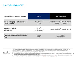 2017 GUIDANCE*
*THIS SLIDE CONTAINS NON-GAAP FINANCIAL MEASURES. PLEASE REFER TO SLIDE 3 FOR A DESCRIPTION OF THE ASSUMPTIONS MADE WITH RESPECT TO
AND RISKS RELATED TO THE 2017 FORECASTS, SLIDE 4 FOR A DETAILED DESCRIPTION OF SUCH NON-GAAP FINANCIAL MEASURES, AND SLIDE 5 FOR A
RECONCILIATION TABLE TO THE MOST DIRECTLY COMPARABLE GAAP MEASURE, IF ANY.
(in millions of Canadian dollars) 2016 2017 Guidance
Gross Billings (core business)
Gross Billings
$2,142
(1)(2)
$2,340
Core business
(4)
broadly stable
around $2.1 billion
Adjusted EBITDA
and margin
$239
(1)
11.2% margin
(1) Core business
(4)
around 12.0%
Free Cash Flow before Dividends
Paid
$206
(3)
Above $220
(1) Excluding the US Channel and Employee Loyalty business and Enhancement Services business and $9.0 million severance payments related to the organizational change announced on August 14, 2015.
(2) Excluding $31.0 million gross-to-net accounting impact in the rewards fulfilment business.
(3) Excludes $50.3 million in tax refunds received, $16.3 million in severance payments related to the organizational change announced on August 14, 2015, and $6.5 million in prepayment of interest expense
and related fees associated with the early redemption of the Senior Secured Notes Series 3.
(4) The “core business” excludes the results of the US CEL business within the Corporate & Other division as well as the results of the Enhancement Services business sold in July 2016. Guidance has not been
adjusted for the results of the New Zealand business which had been expected to deliver around $36 million of Gross Billings and $0.4 million in 2017 and had been taken into account within the core
business. At the sale completion date, the New Zealand business had delivered Gross Billings of around $15 million and Adjusted EBITDA of $0.1 million.
38
 